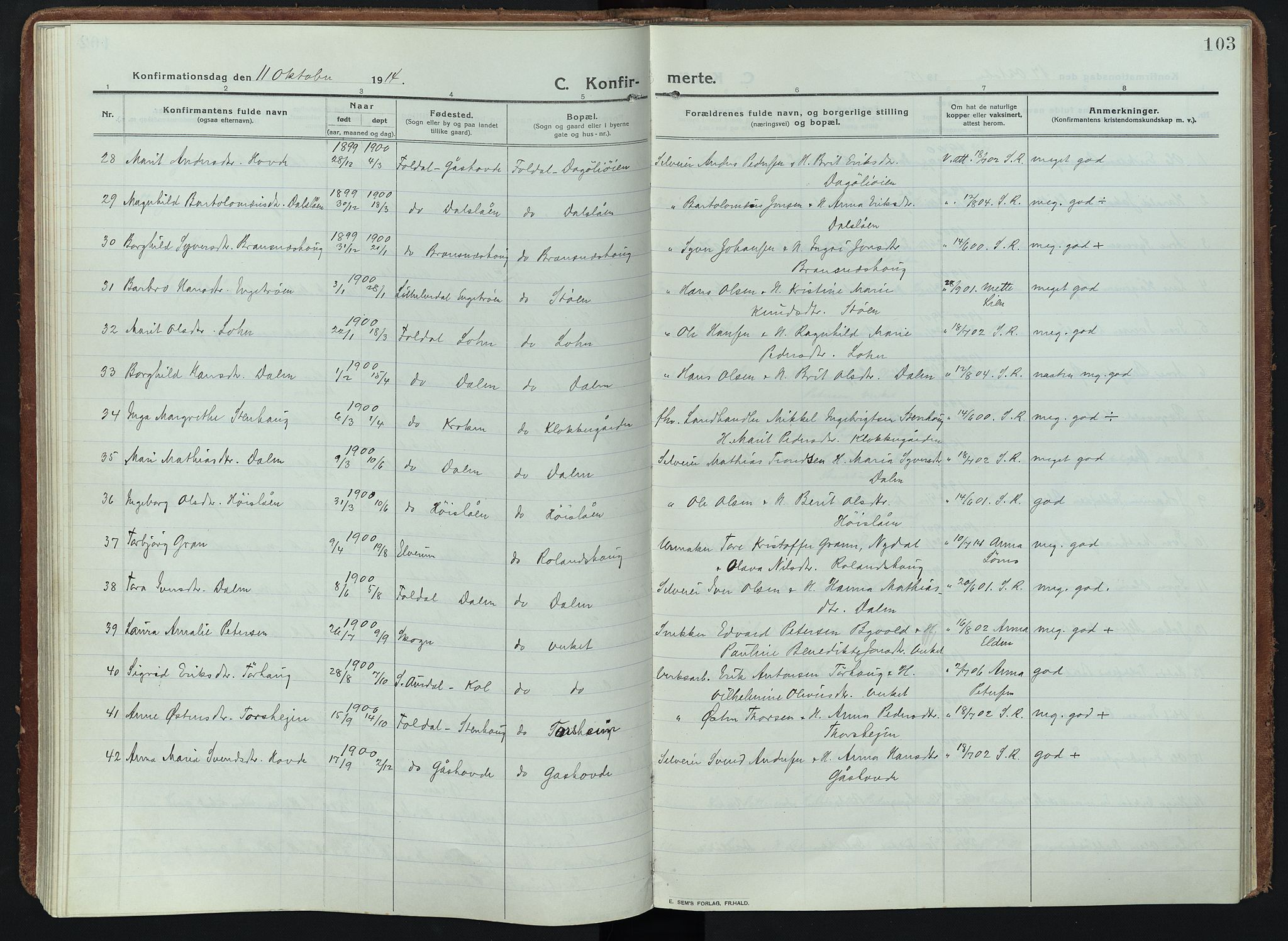 Alvdal prestekontor, SAH/PREST-060/H/Ha/Haa/L0005: Parish register (official) no. 5, 1913-1930, p. 103