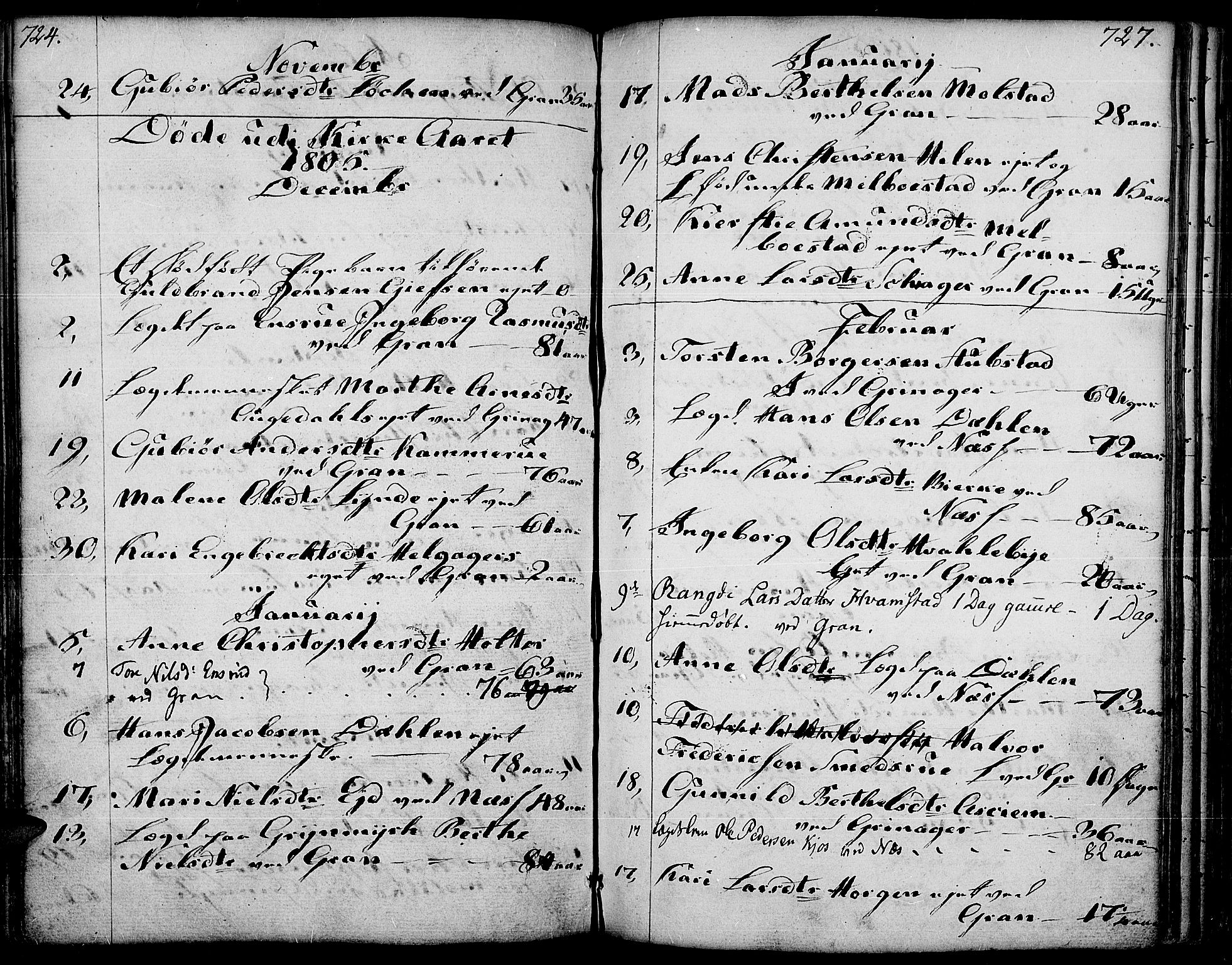 Gran prestekontor, SAH/PREST-112/H/Ha/Haa/L0006: Parish register (official) no. 6, 1787-1824, p. 726-727