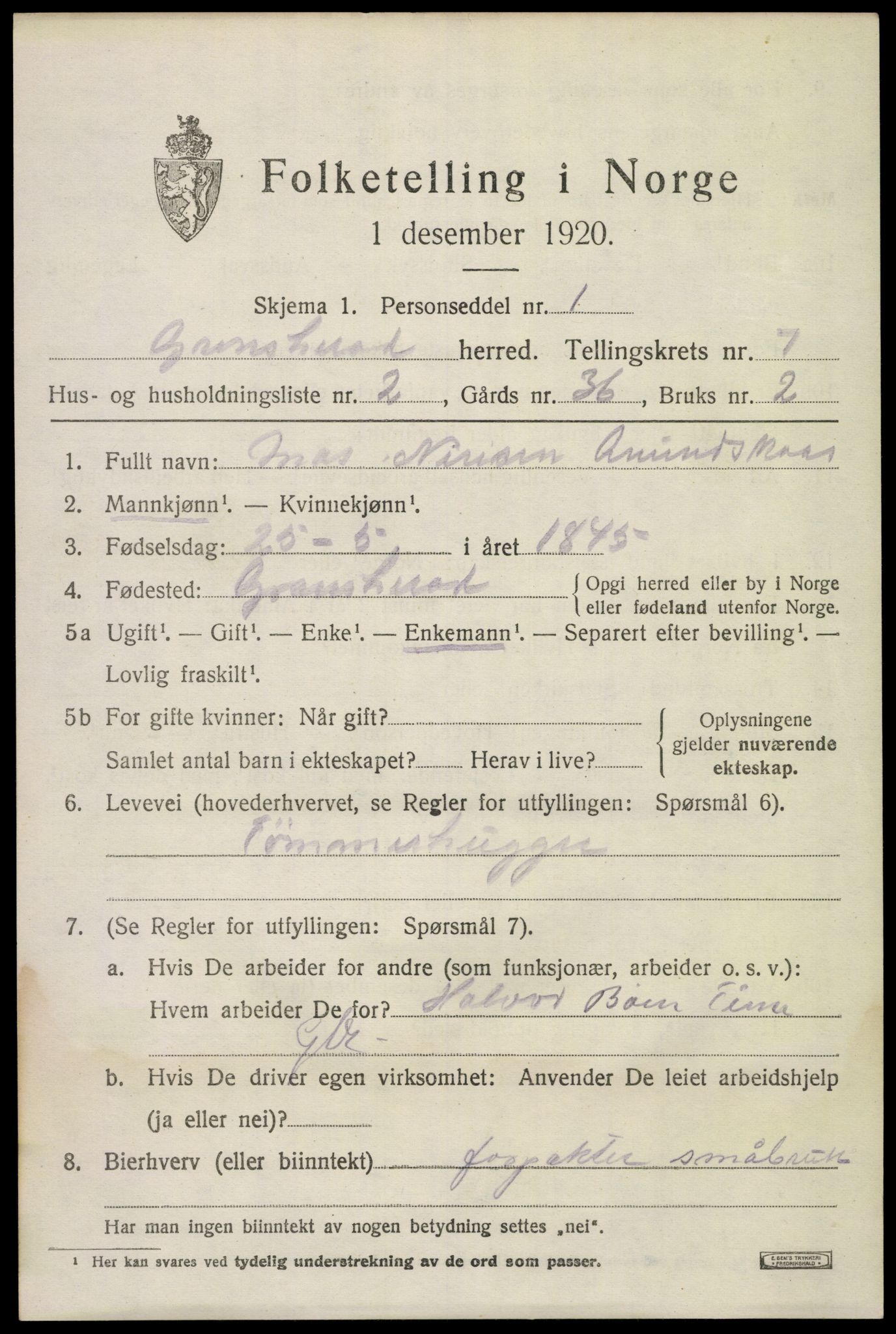 SAKO, 1920 census for Gransherad, 1920, p. 2736