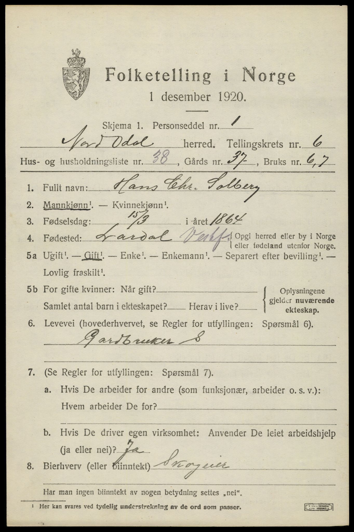 SAH, 1920 census for Nord-Odal, 1920, p. 7021