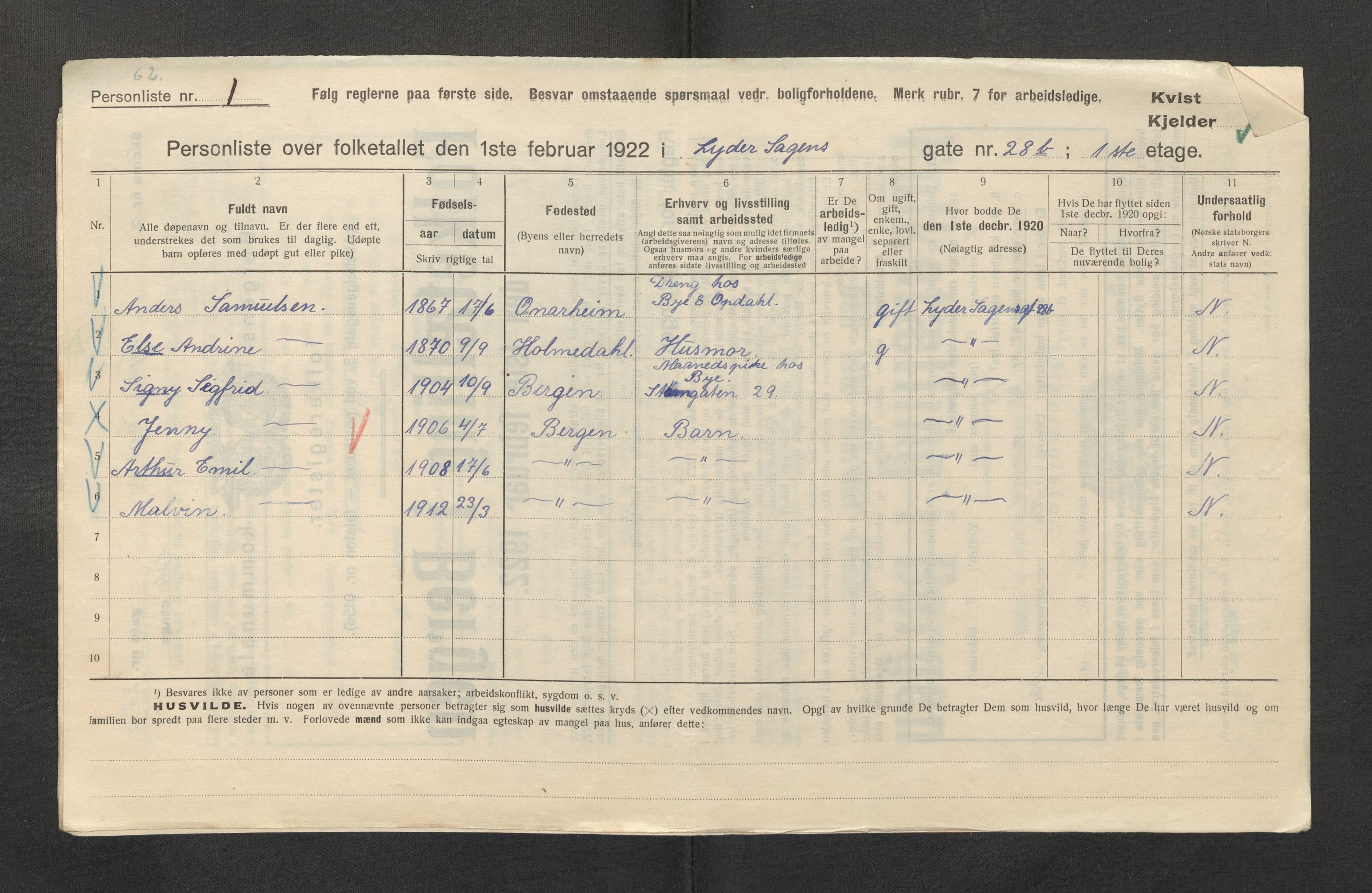 SAB, Municipal Census 1922 for Bergen, 1922, p. 23193