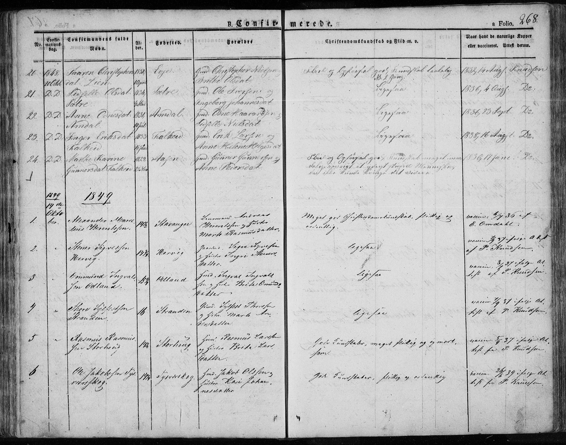 Tysvær sokneprestkontor, AV/SAST-A -101864/H/Ha/Haa/L0001: Parish register (official) no. A 1.1, 1831-1856, p. 268