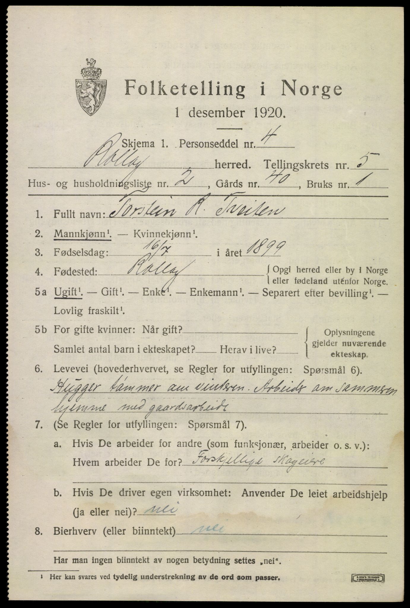 SAKO, 1920 census for Rollag, 1920, p. 2070