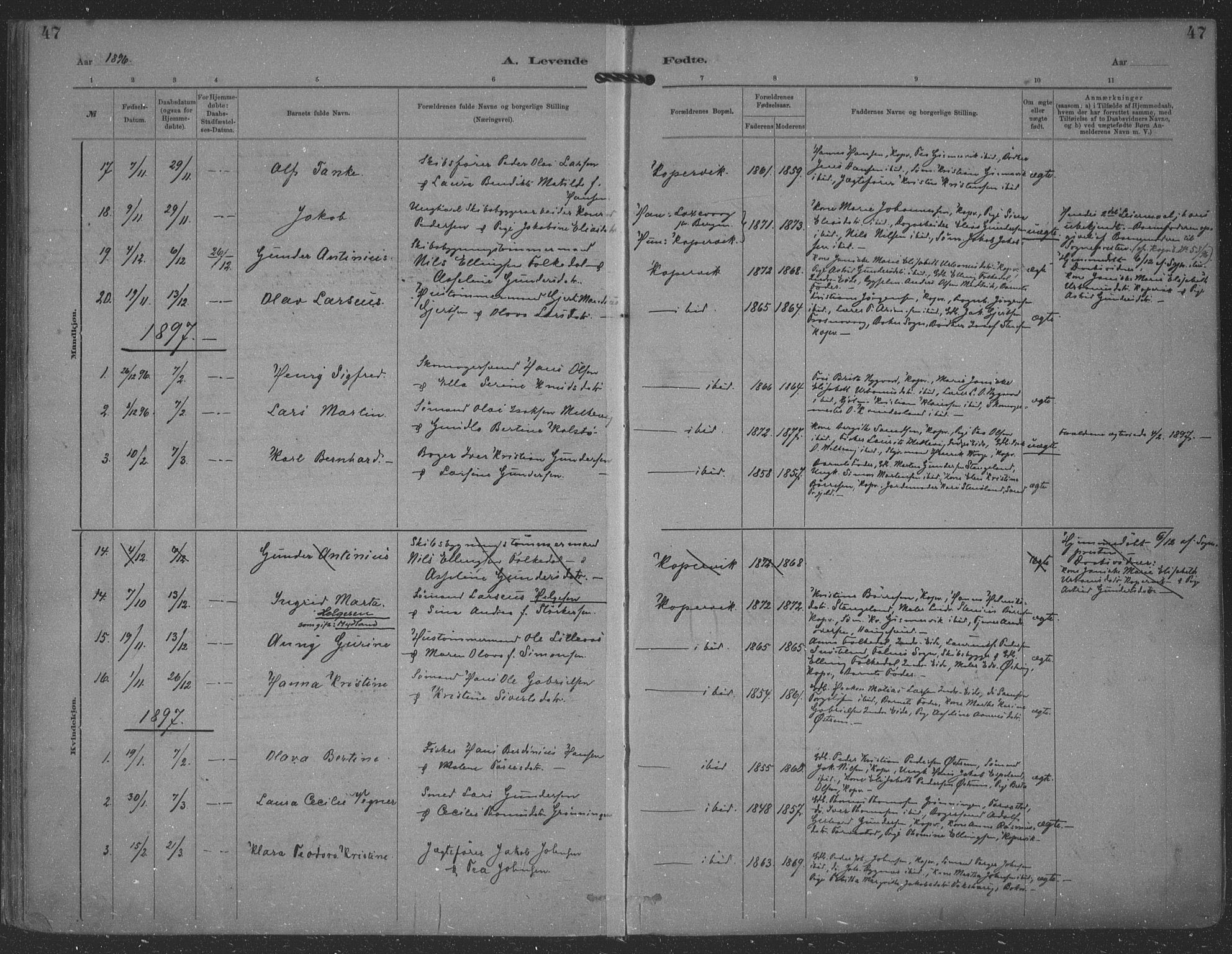 Kopervik sokneprestkontor, AV/SAST-A-101850/H/Ha/Haa/L0001: Parish register (official) no. A 1, 1880-1919, p. 47