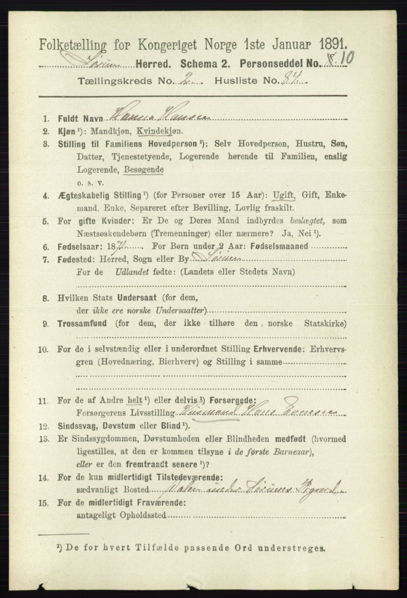 RA, 1891 census for 0226 Sørum, 1891, p. 1181