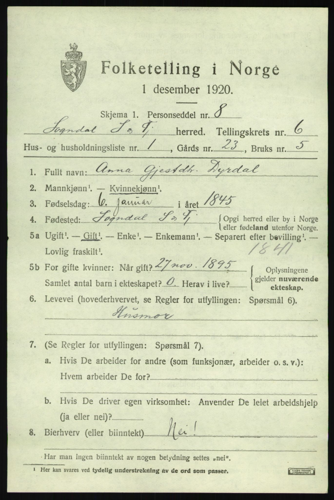 SAB, 1920 census for Sogndal, 1920, p. 2953