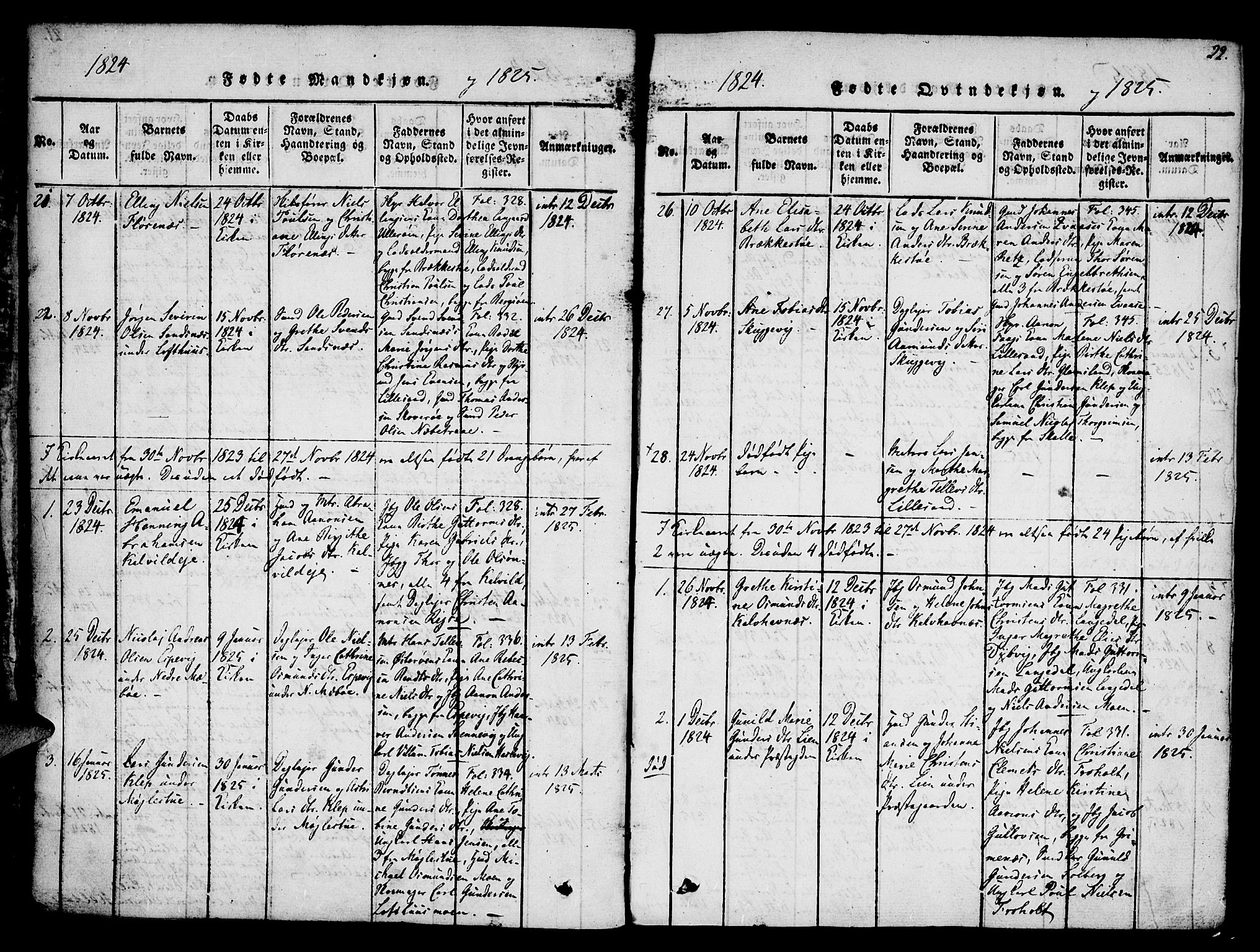 Vestre Moland sokneprestkontor, SAK/1111-0046/F/Fa/Fab/L0003: Parish register (official) no. A 3, 1816-1843, p. 22