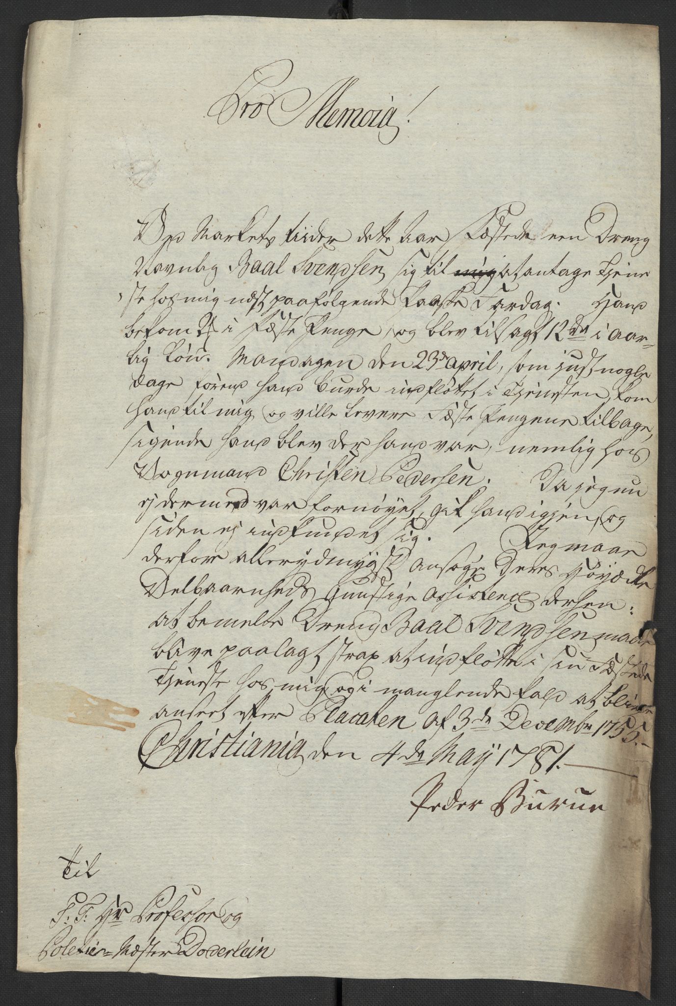 Oslo politidistrikt, AV/SAO-A-10085/D/Da/L0003: Innkomne brev, pro memoria m.v., 1781, p. 271