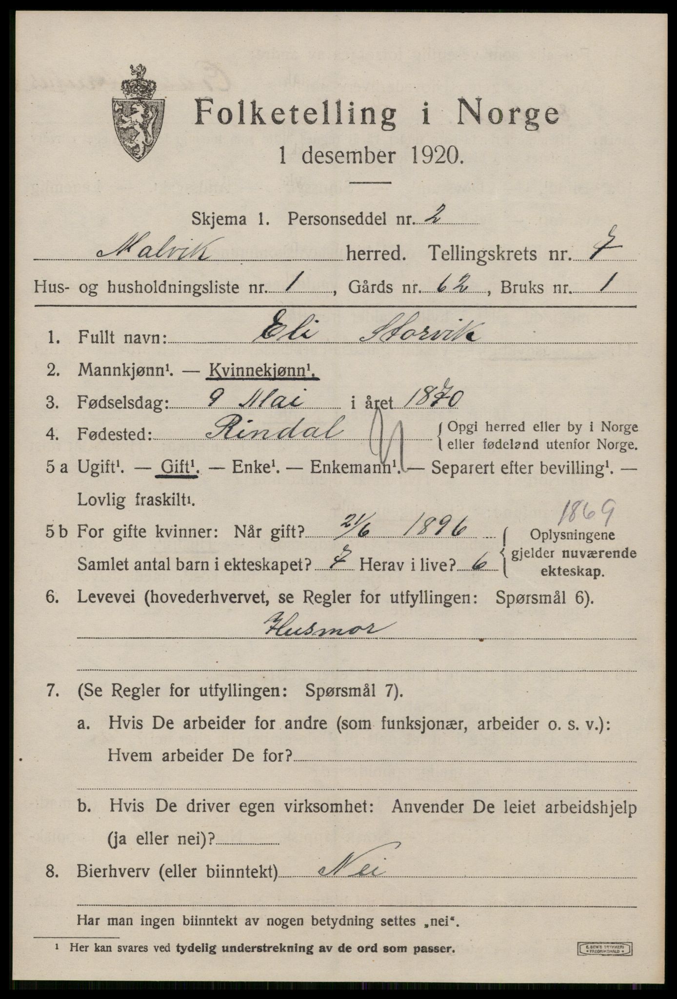 SAT, 1920 census for Malvik, 1920, p. 7218