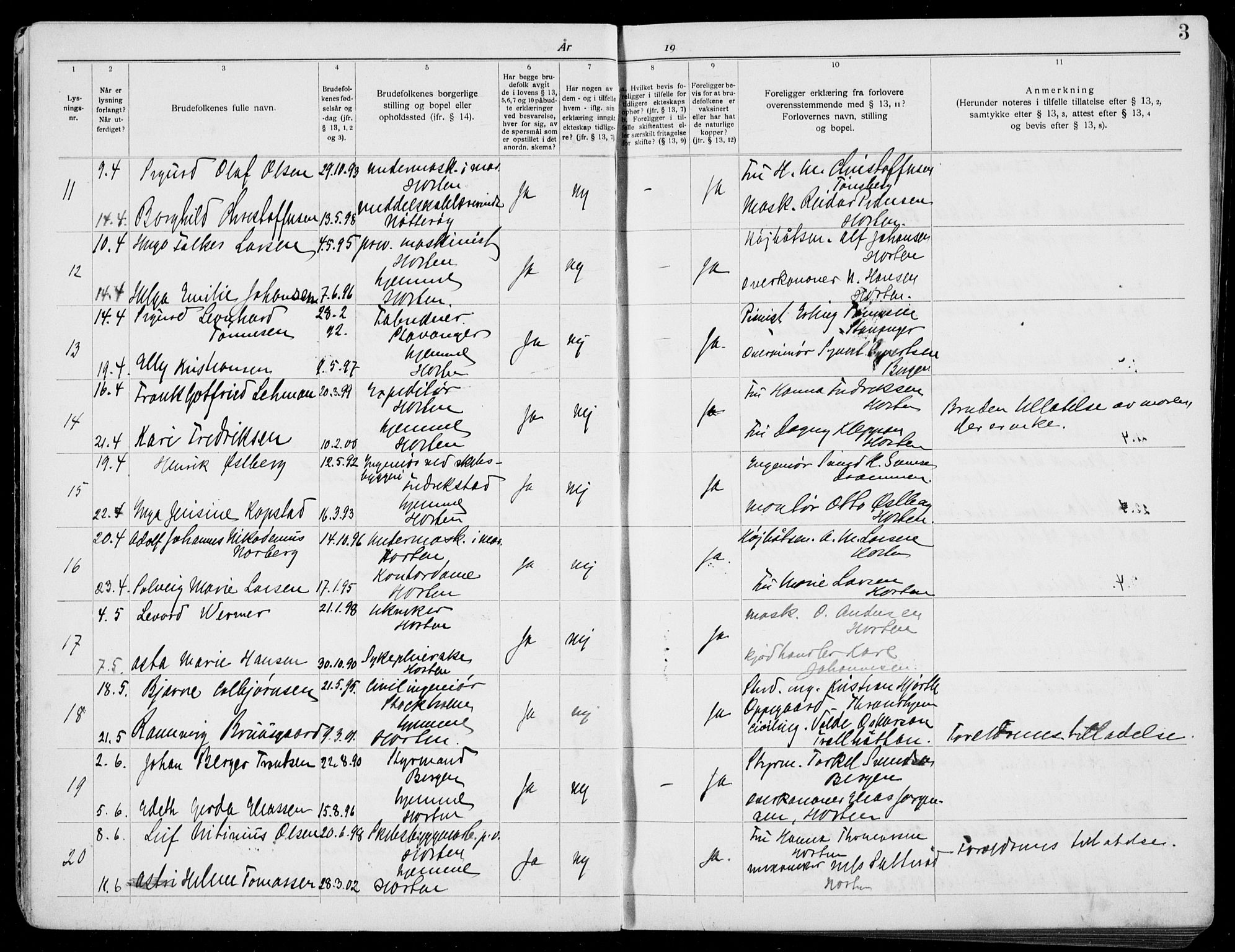 Horten kirkebøker, AV/SAKO-A-348/H/Ha/L0006: Banns register no. 6, 1920-1934, p. 3