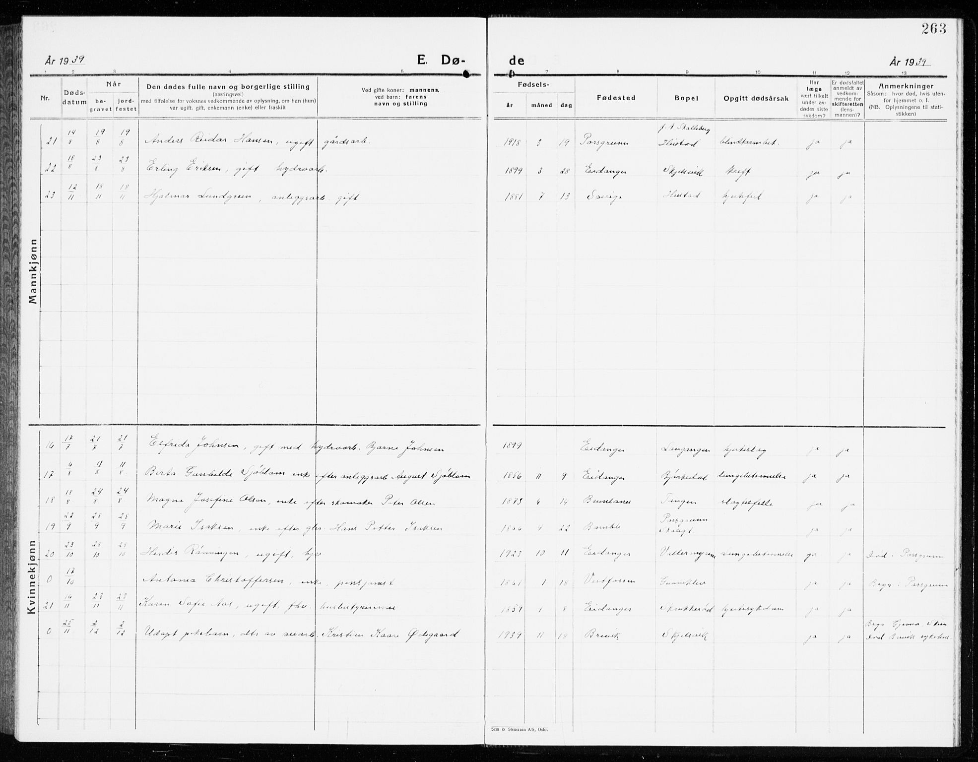 Eidanger kirkebøker, AV/SAKO-A-261/G/Ga/L0005: Parish register (copy) no. 5, 1928-1942, p. 263