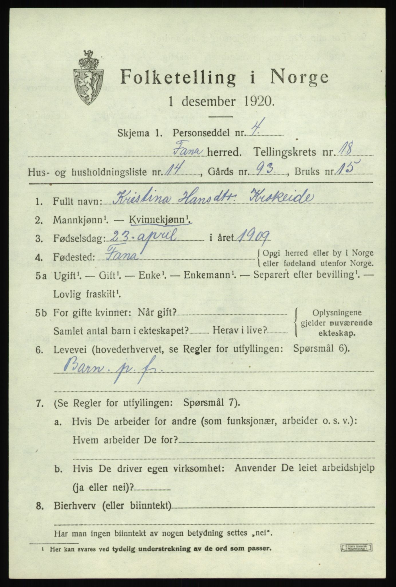 SAB, 1920 census for Fana, 1920, p. 22625