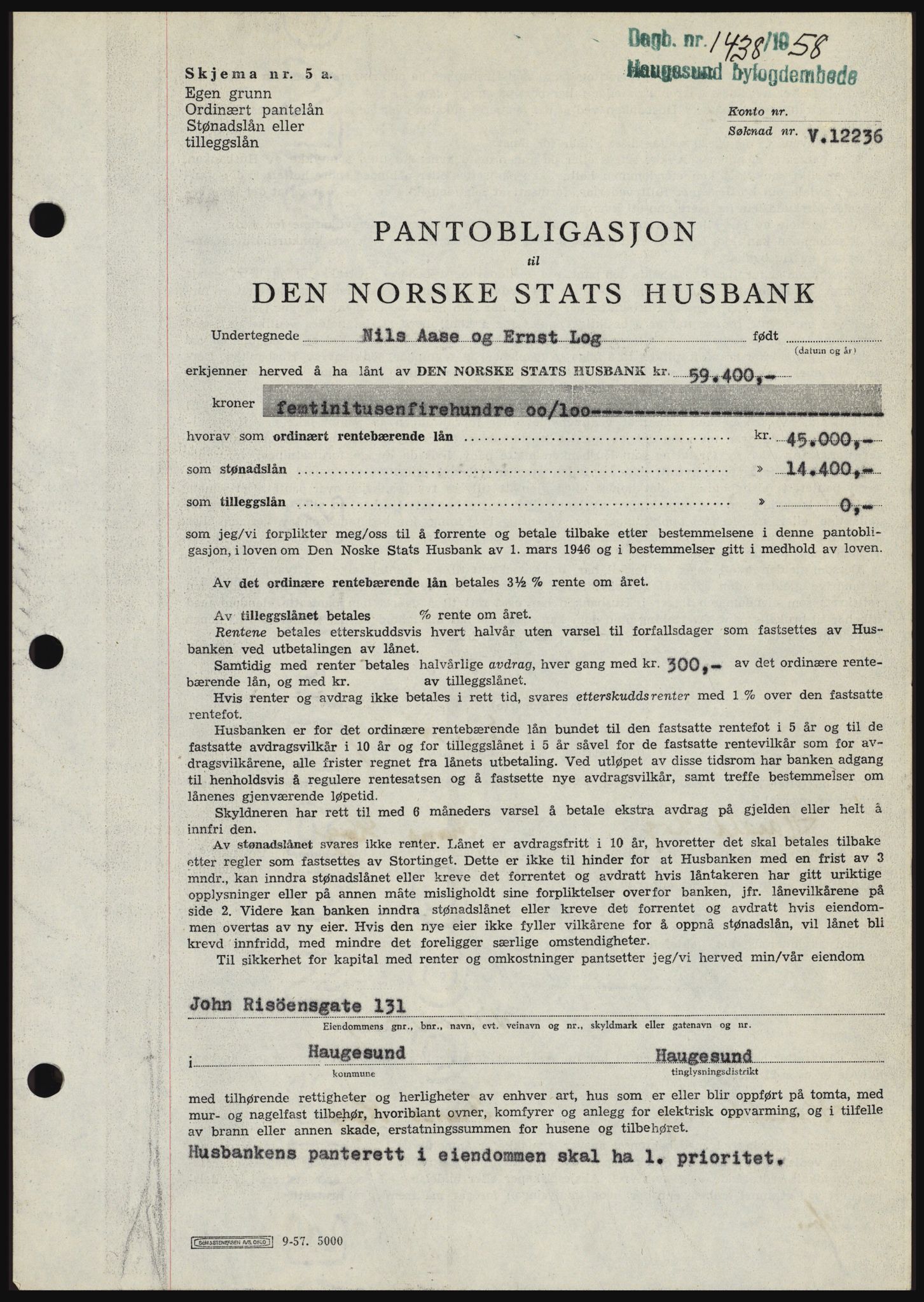 Haugesund tingrett, SAST/A-101415/01/II/IIC/L0044: Mortgage book no. B 44, 1958-1959, Diary no: : 1438/1958