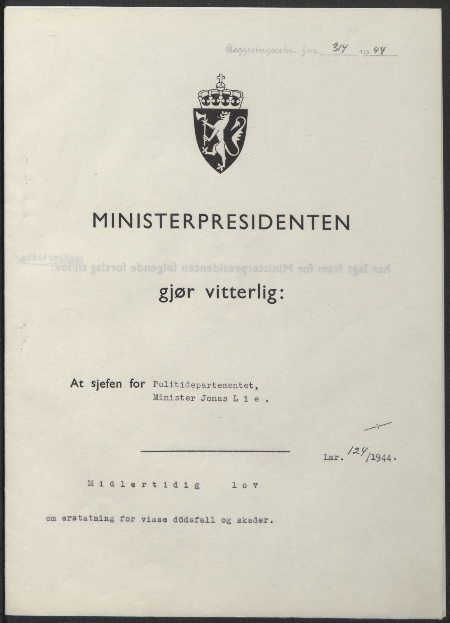 NS-administrasjonen 1940-1945 (Statsrådsekretariatet, de kommisariske statsråder mm), AV/RA-S-4279/D/Db/L0100: Lover, 1944, p. 586