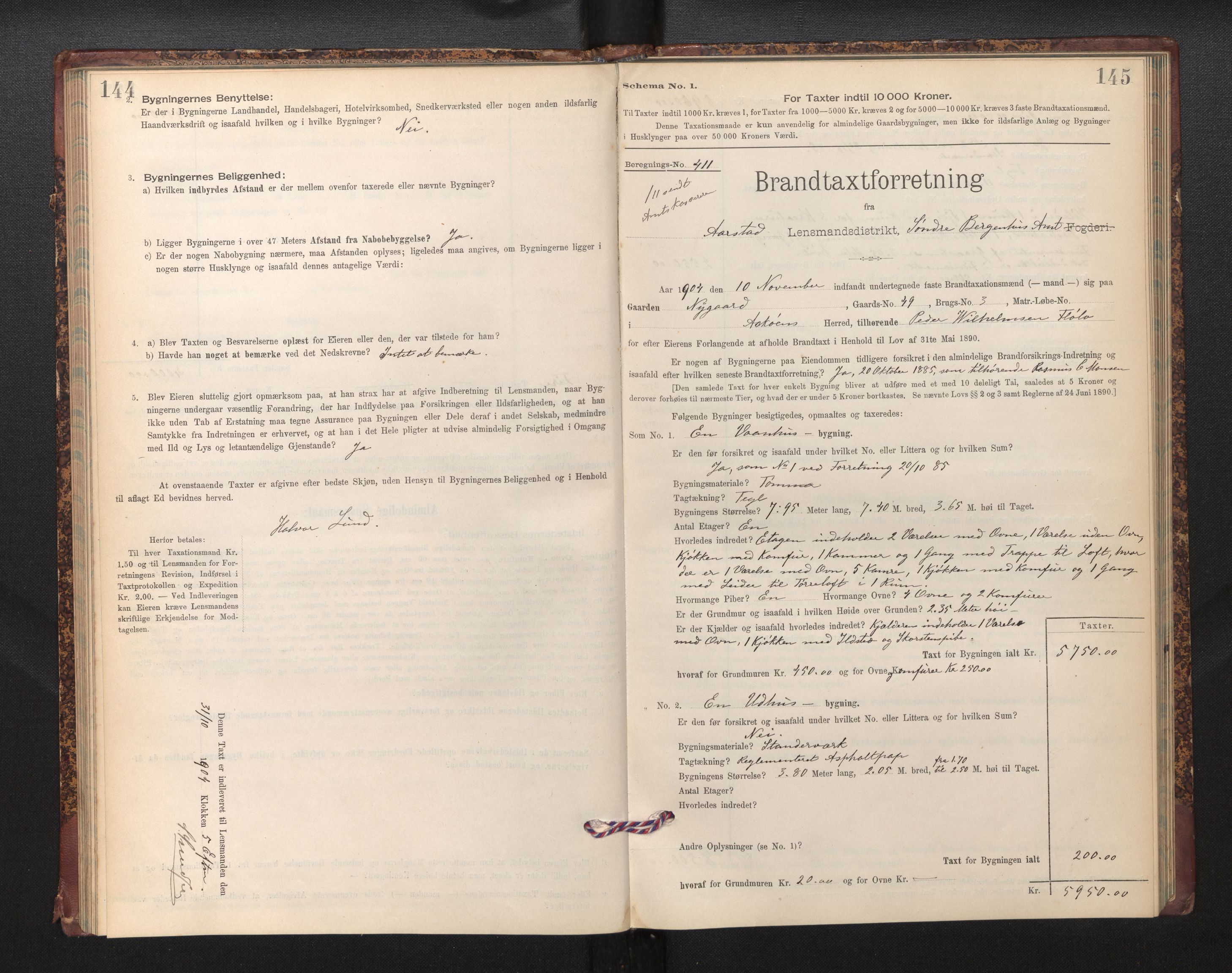 Lensmannen i Årstad, AV/SAB-A-36201/0012/L0013: Branntakstprotokoll,skjematakst, 1901-1907, p. 144-145