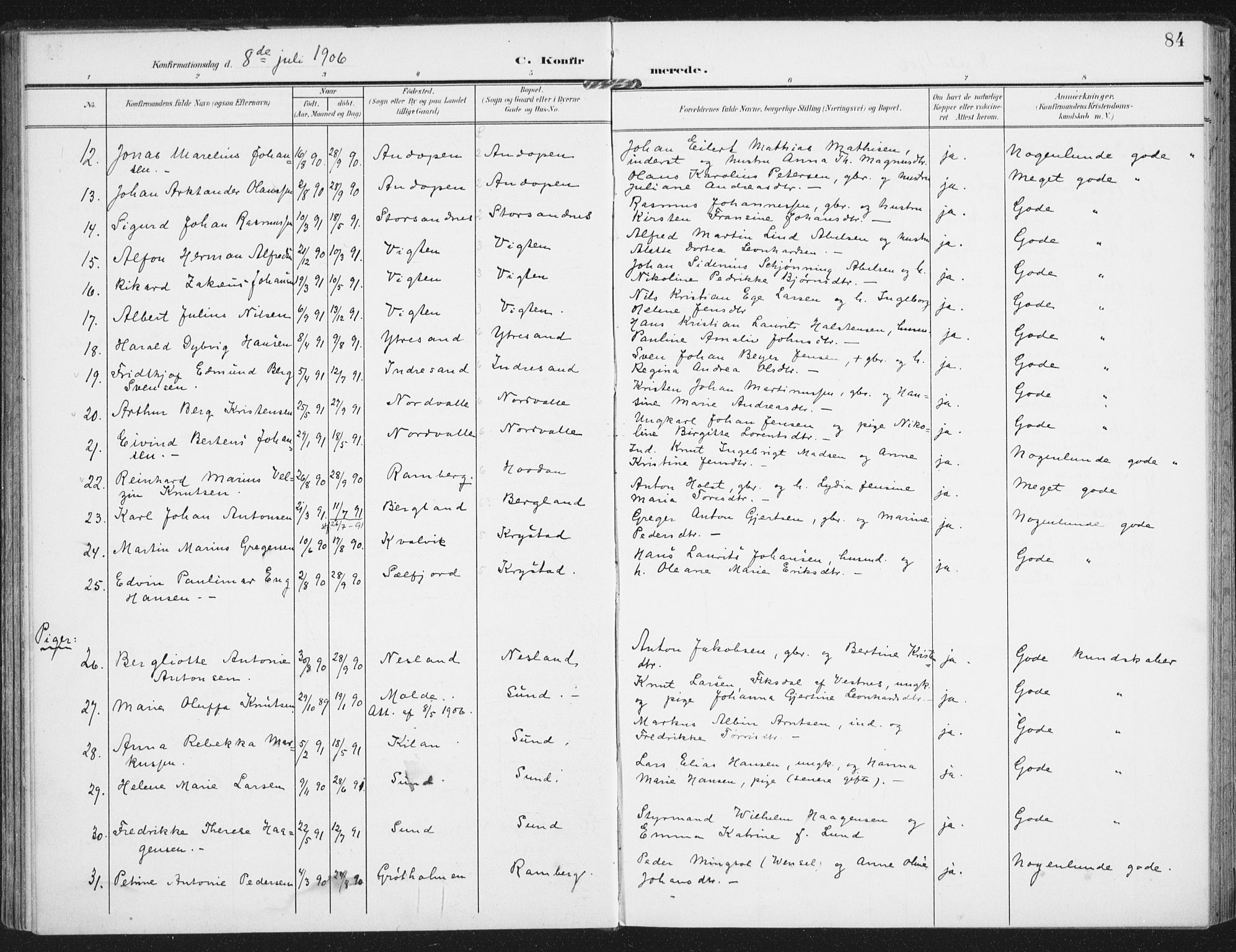 Ministerialprotokoller, klokkerbøker og fødselsregistre - Nordland, AV/SAT-A-1459/885/L1206: Parish register (official) no. 885A07, 1905-1915, p. 84