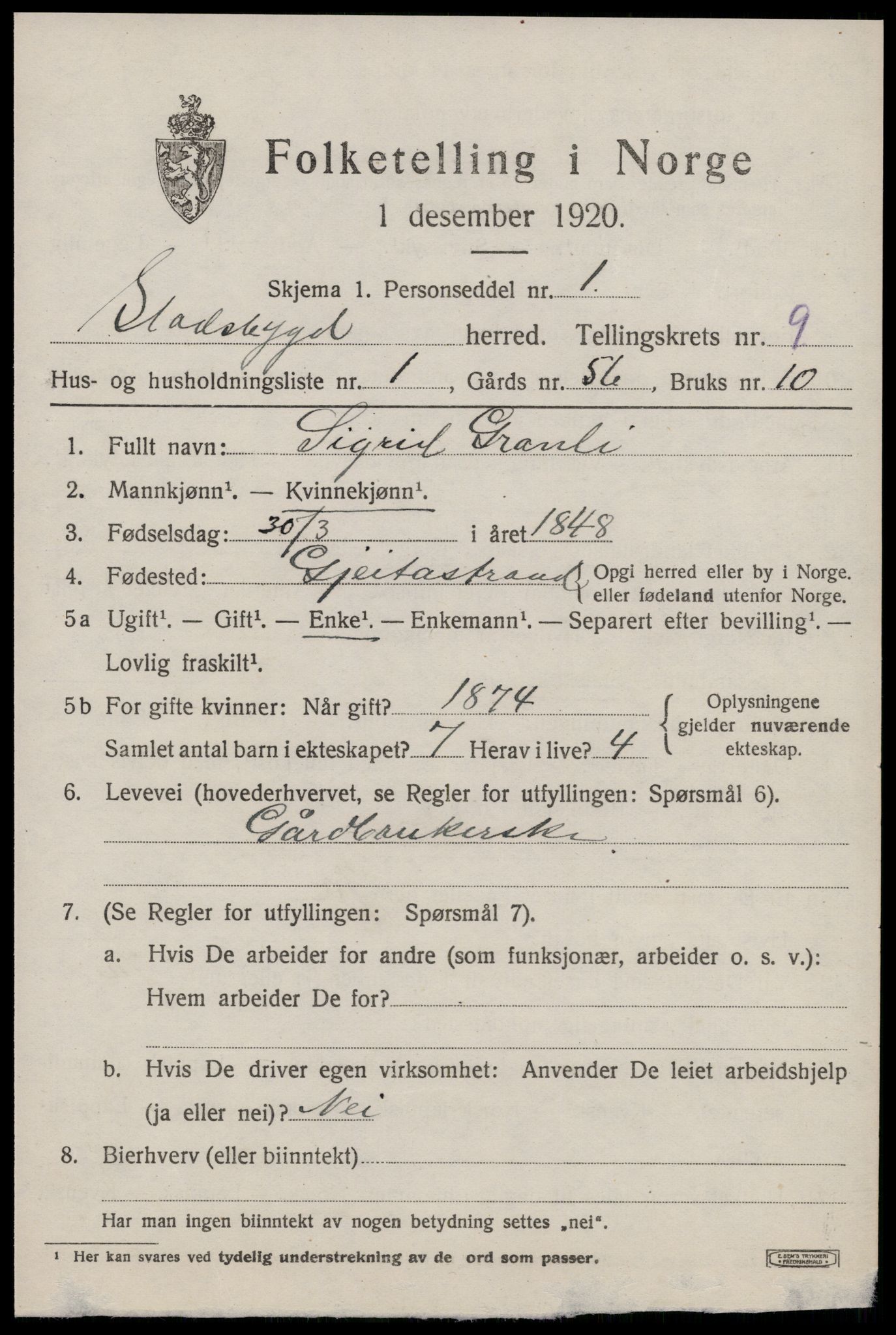 SAT, 1920 census for Stadsbygd, 1920, p. 4266