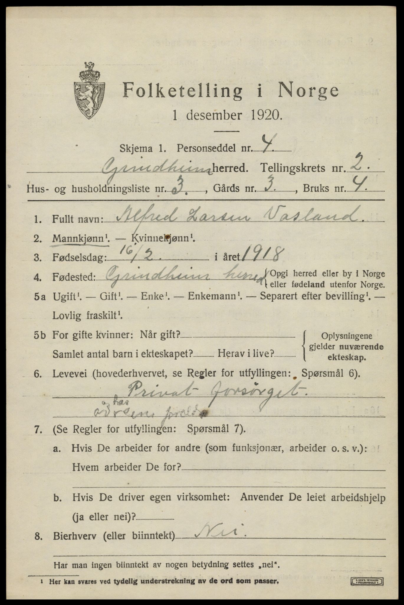 SAK, 1920 census for Grindheim, 1920, p. 583