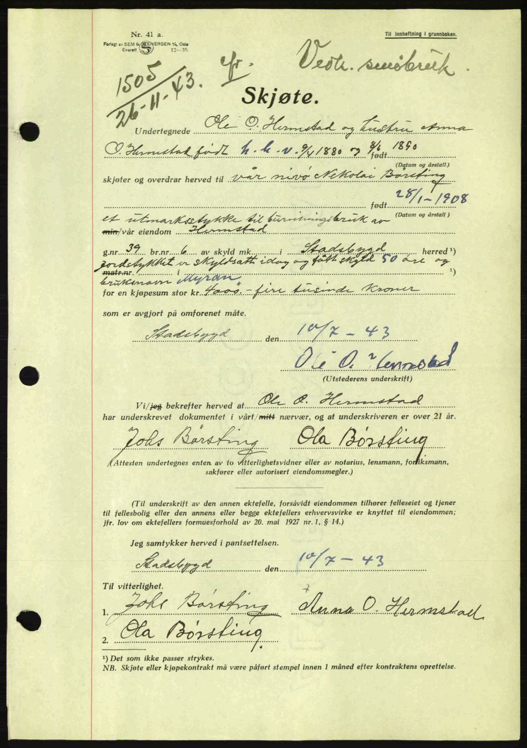 Fosen sorenskriveri, AV/SAT-A-1107/1/2/2C: Mortgage book no. A3, 1943-1945, Diary no: : 1505/1943