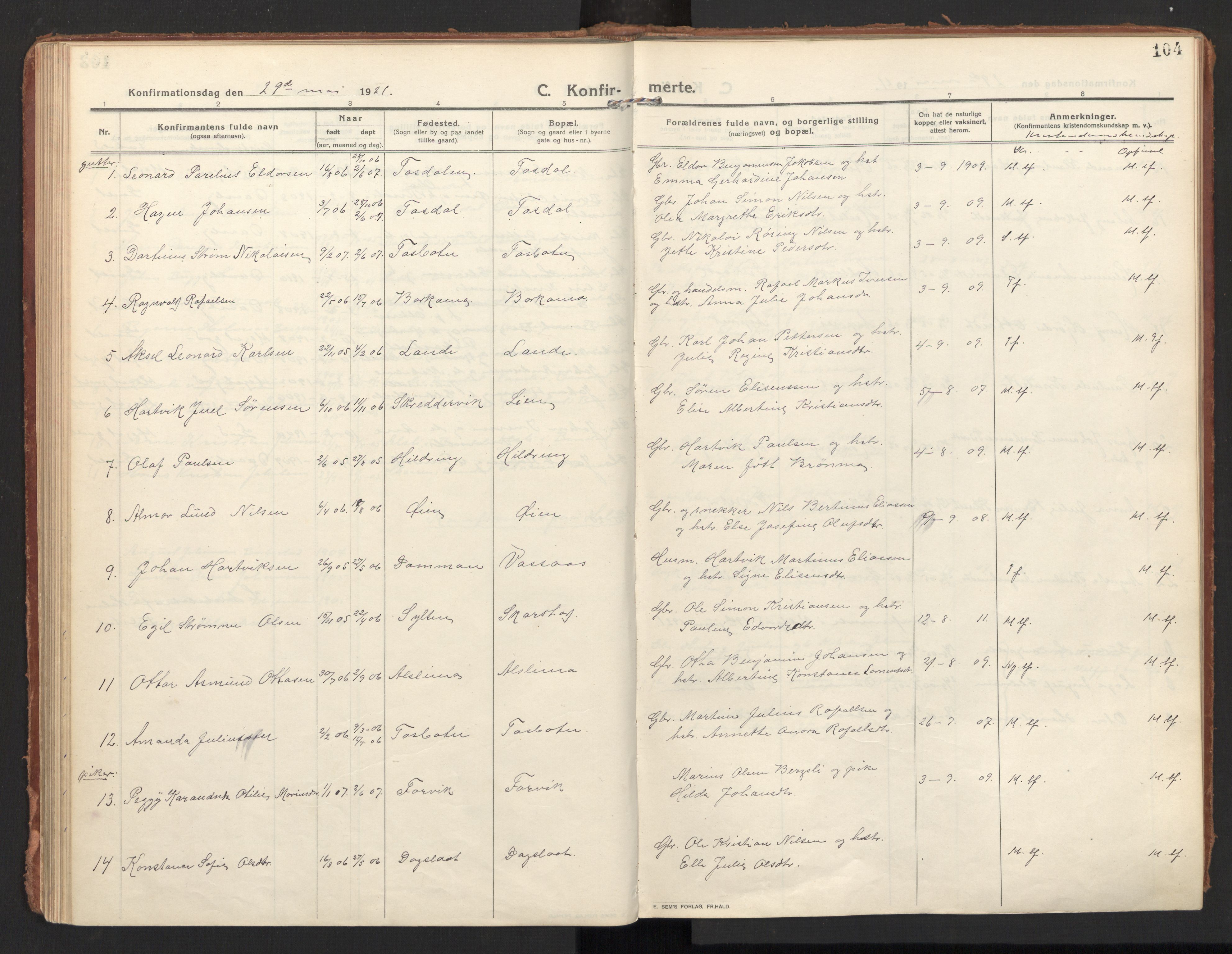 Ministerialprotokoller, klokkerbøker og fødselsregistre - Nordland, SAT/A-1459/810/L0156: Parish register (official) no. 810A15, 1915-1930, p. 104
