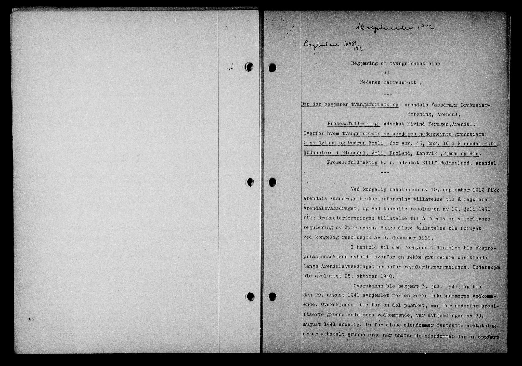 Nedenes sorenskriveri, AV/SAK-1221-0006/G/Gb/Gba/L0049: Mortgage book no. A-III, 1941-1942, Diary no: : 1048/1942