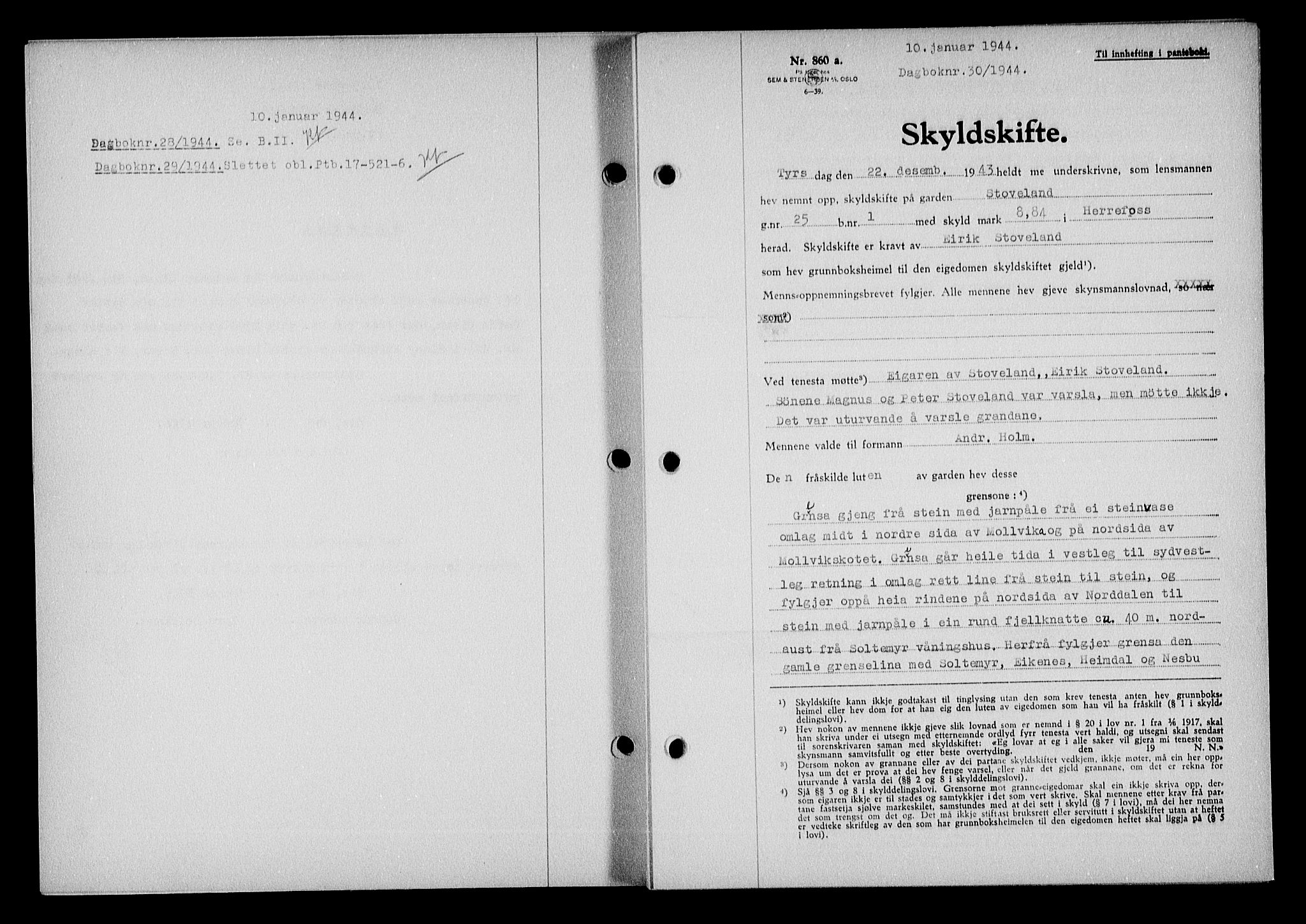 Nedenes sorenskriveri, SAK/1221-0006/G/Gb/Gba/L0051: Mortgage book no. A-V, 1943-1944, Diary no: : 30/1944