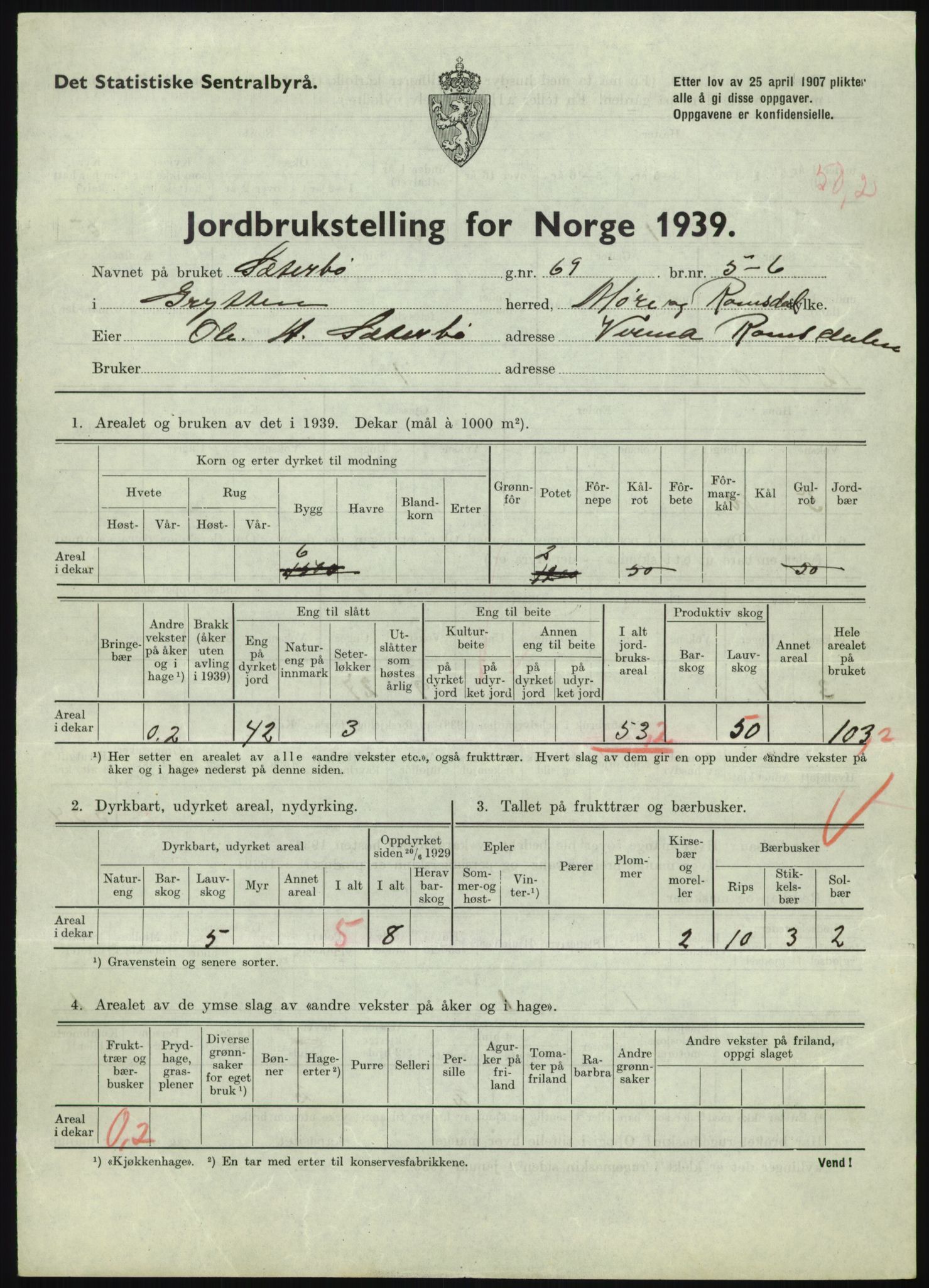 Statistisk sentralbyrå, Næringsøkonomiske emner, Jordbruk, skogbruk, jakt, fiske og fangst, AV/RA-S-2234/G/Gb/L0251: Møre og Romsdal: Voll, Eid, Grytten og Hen, 1939, p. 773