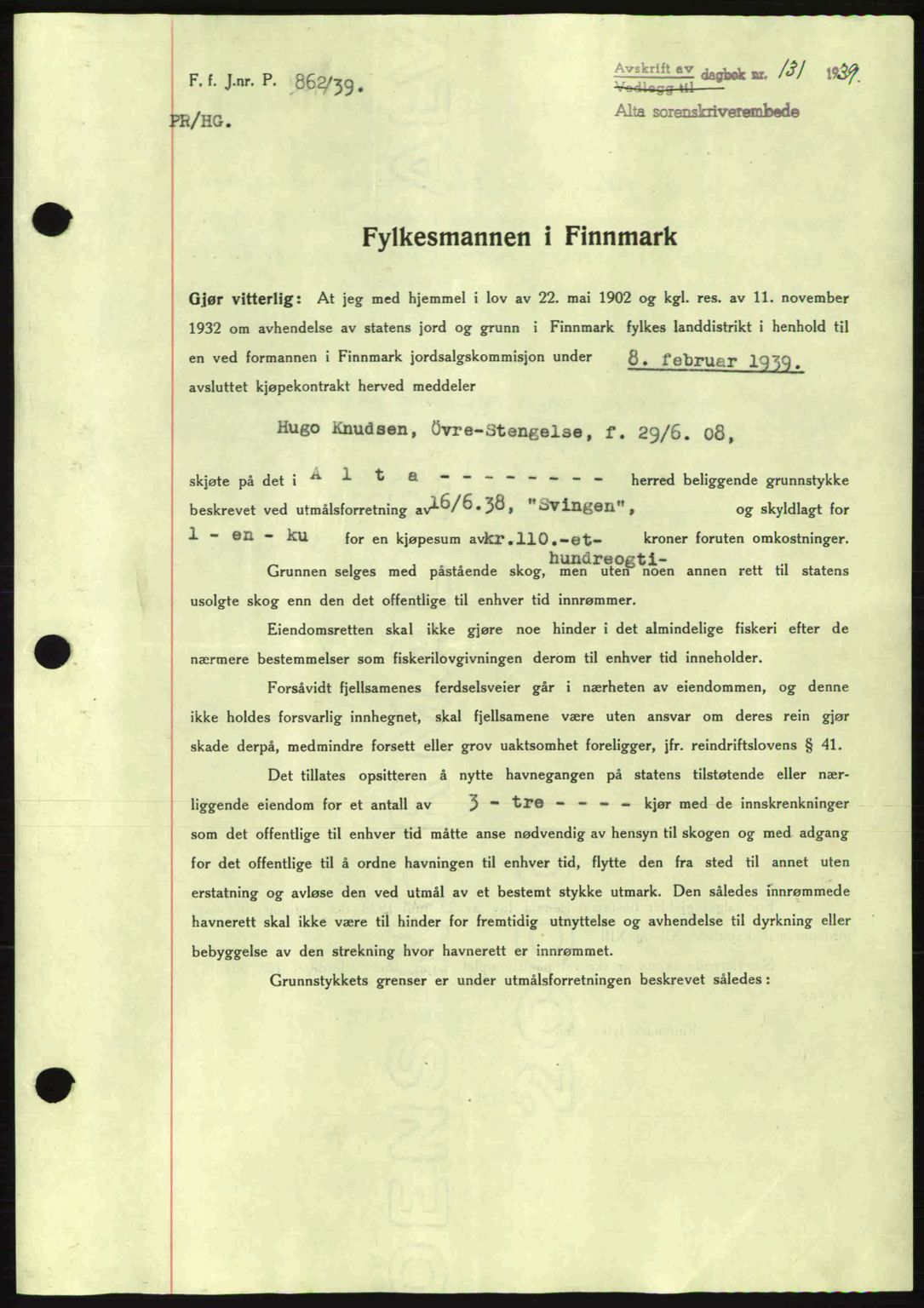 Alta fogderi/sorenskriveri, SATØ/SATØ-5/1/K/Kd/L0031pantebok: Mortgage book no. 31, 1938-1939, Diary no: : 131/1939
