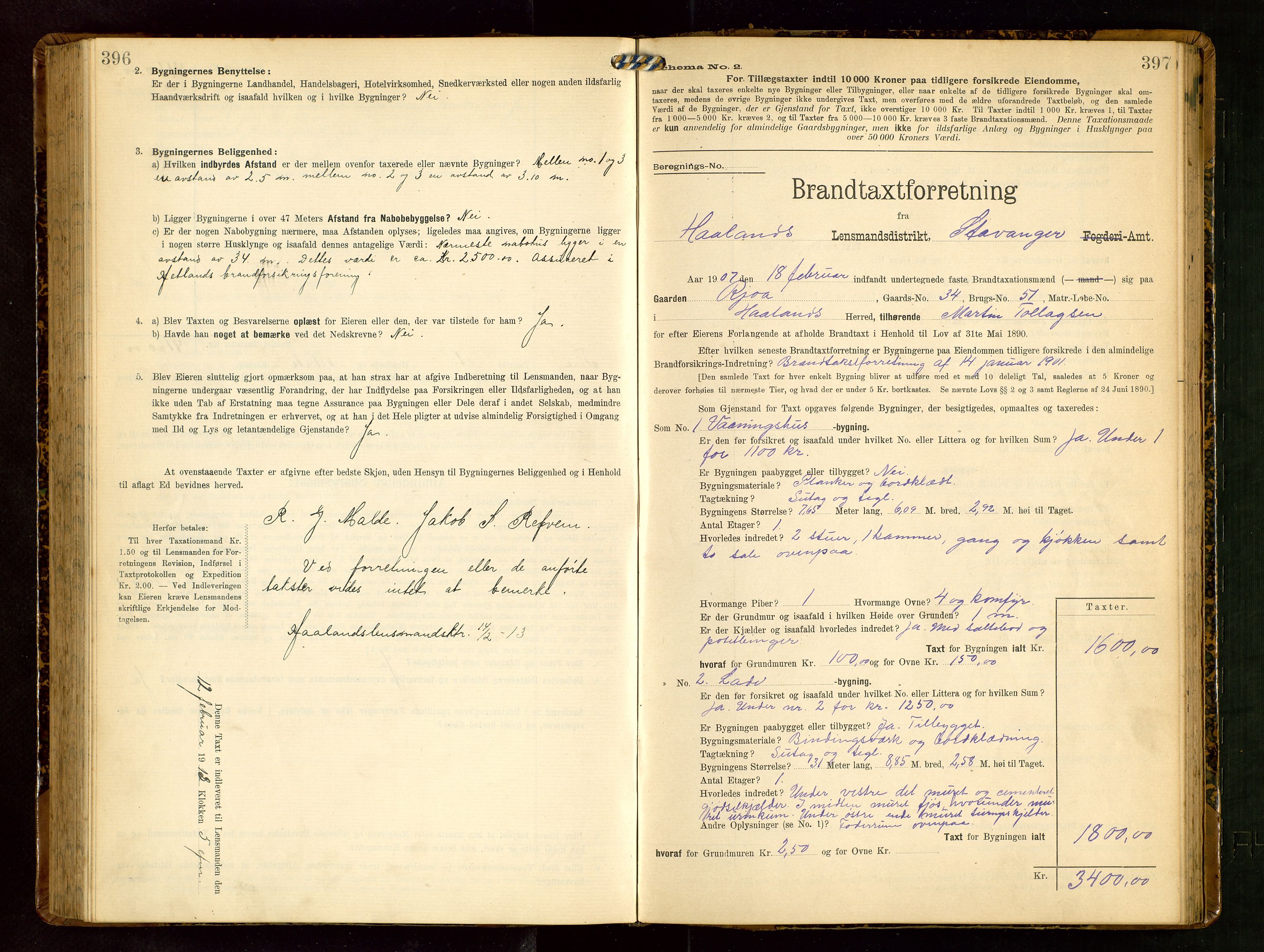 Håland lensmannskontor, SAST/A-100100/Gob/L0003: Branntakstprotokoll - skjematakst. Register i boken., 1909-1910, p. 396-397