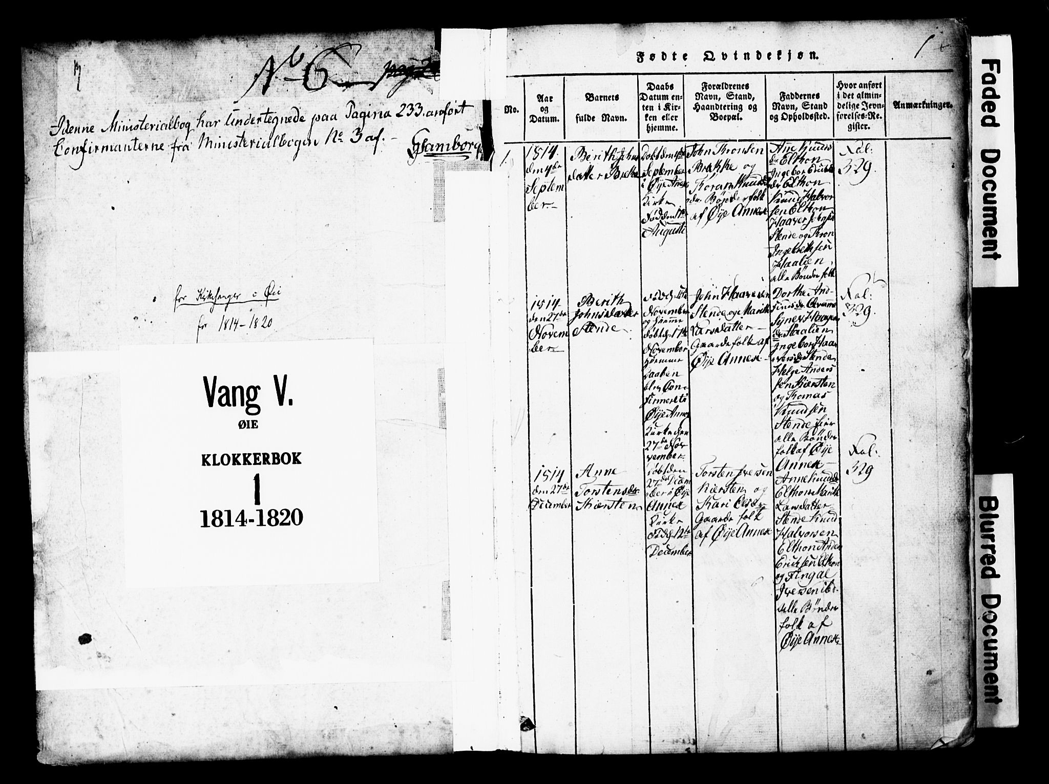 Vang prestekontor, Valdres, AV/SAH-PREST-140/H/Hb/L0001: Parish register (copy) no. 1, 1814-1820