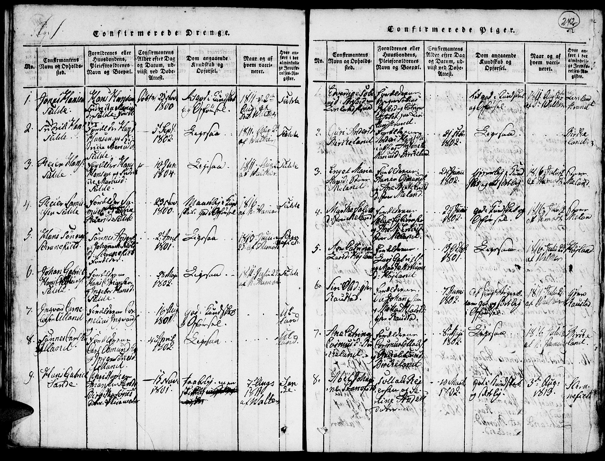 Kvinesdal sokneprestkontor, SAK/1111-0026/F/Fa/Faa/L0001: Parish register (official) no. A 1, 1815-1849, p. 242