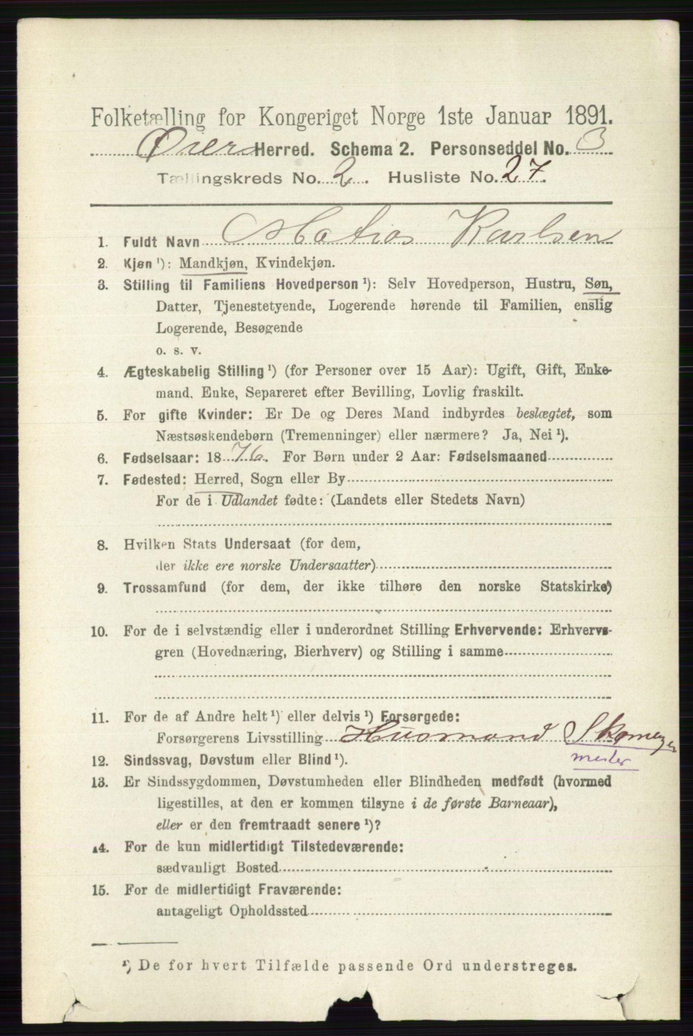 RA, 1891 census for 0521 Øyer, 1891, p. 621