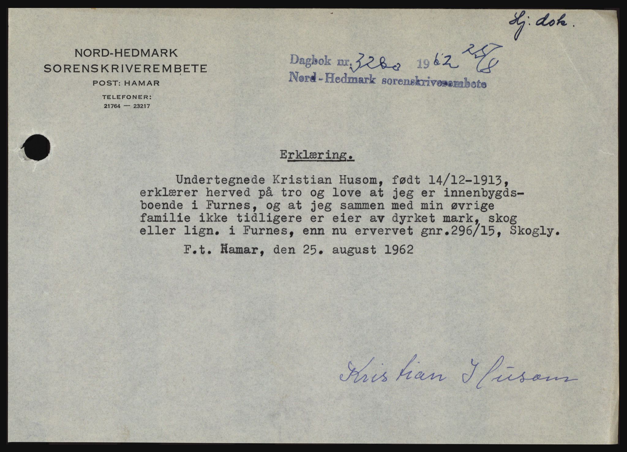 Nord-Hedmark sorenskriveri, SAH/TING-012/H/Hc/L0016: Mortgage book no. 16, 1962-1962, Diary no: : 3260/1962