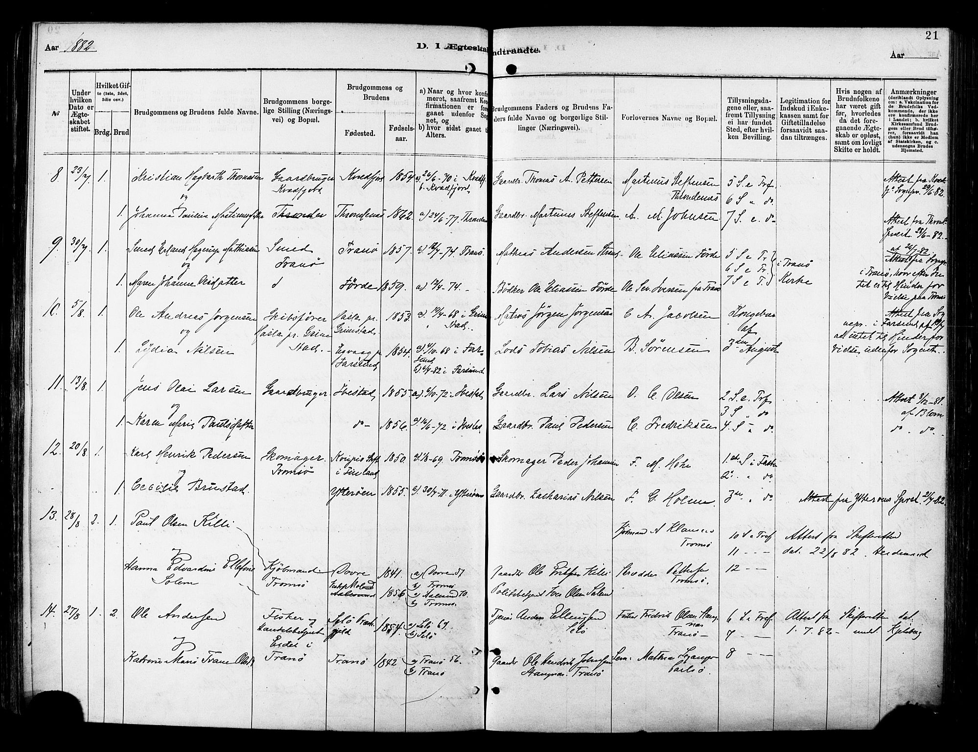 Tromsø sokneprestkontor/stiftsprosti/domprosti, SATØ/S-1343/G/Ga/L0014kirke: Parish register (official) no. 14, 1878-1888, p. 21