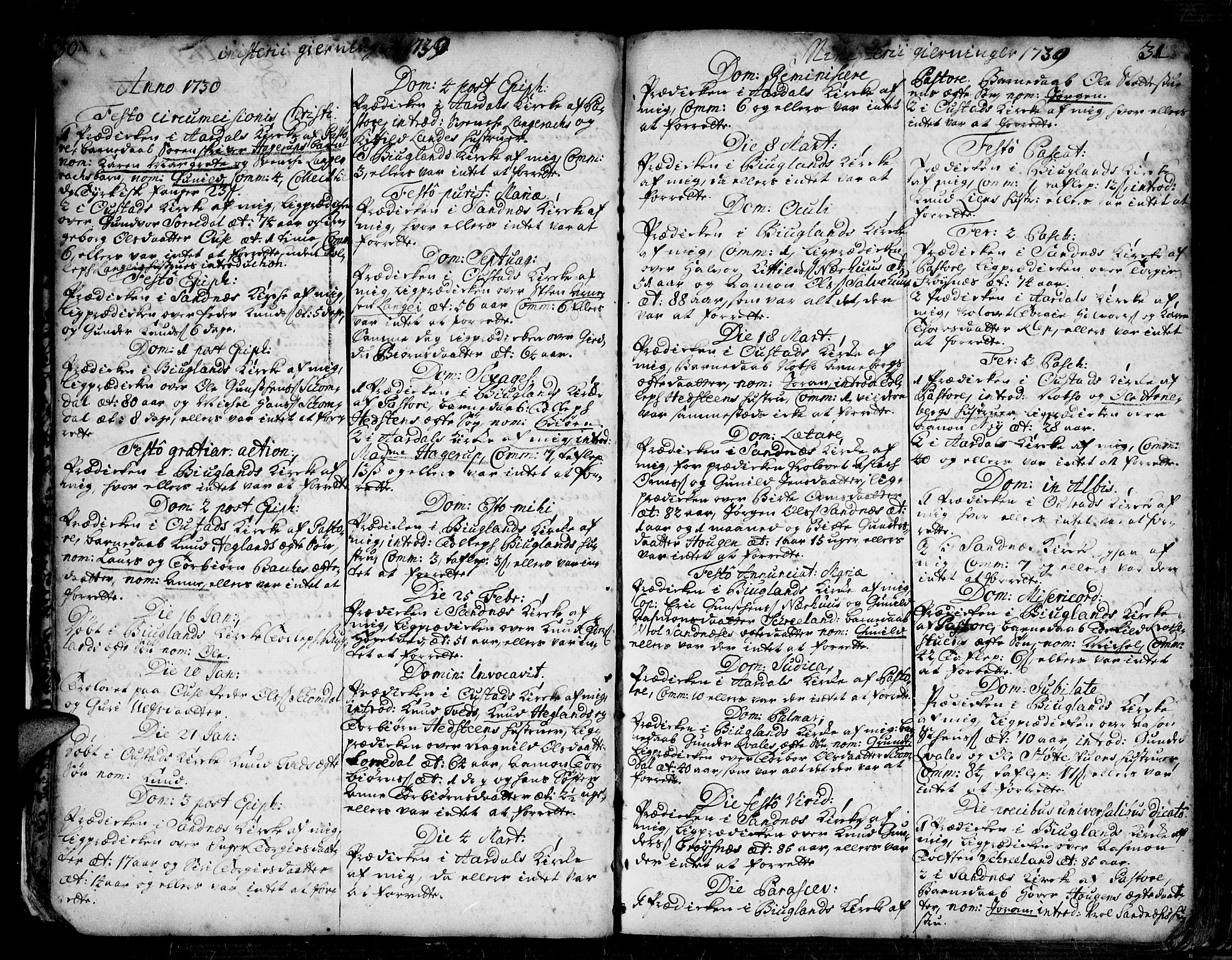 Bygland sokneprestkontor, SAK/1111-0006/F/Fa/Fab/L0001: Parish register (official) no. A 1, 1725-1766, p. 30-31