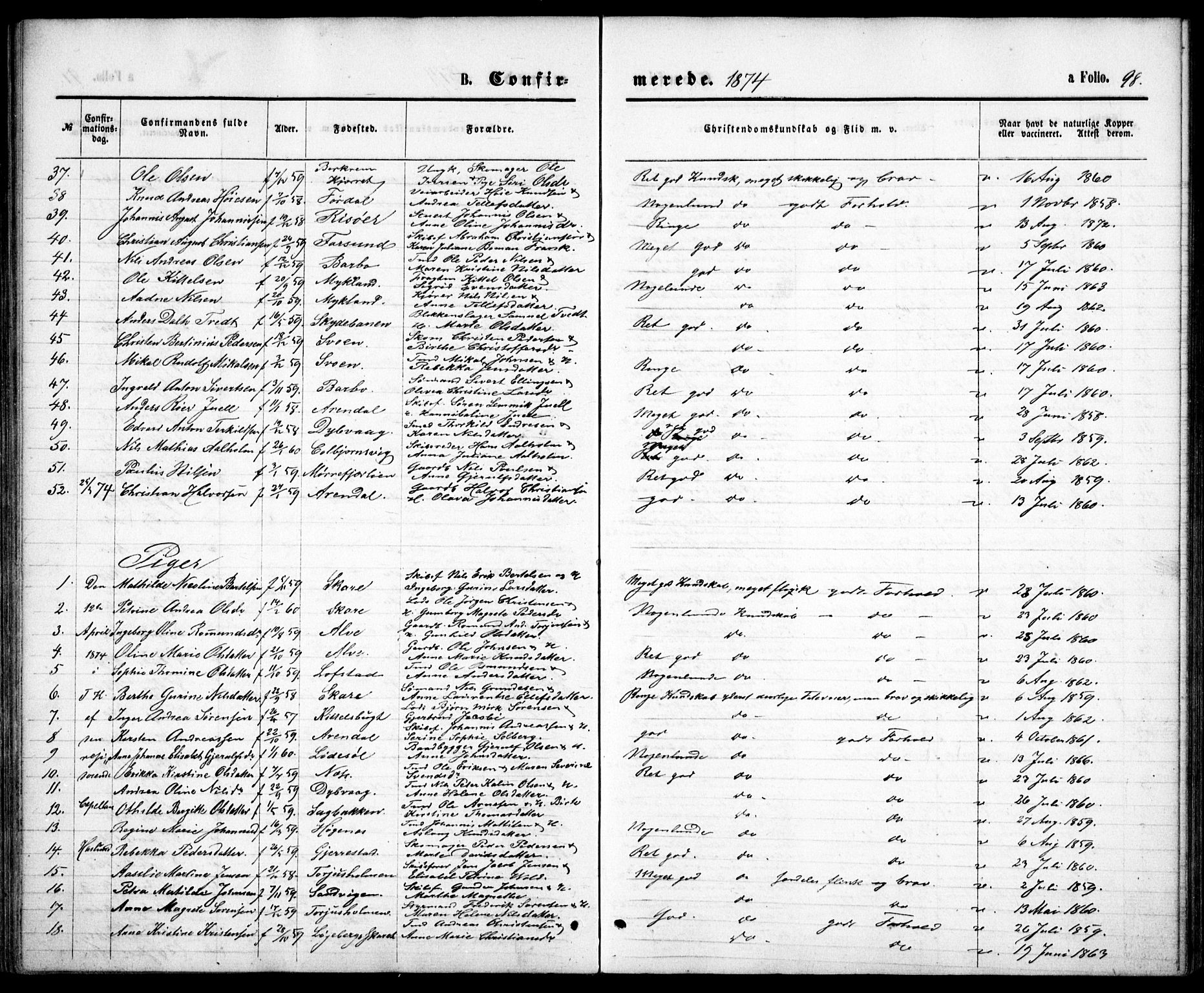 Tromøy sokneprestkontor, SAK/1111-0041/F/Fb/L0004: Parish register (copy) no. B 4, 1869-1877, p. 98