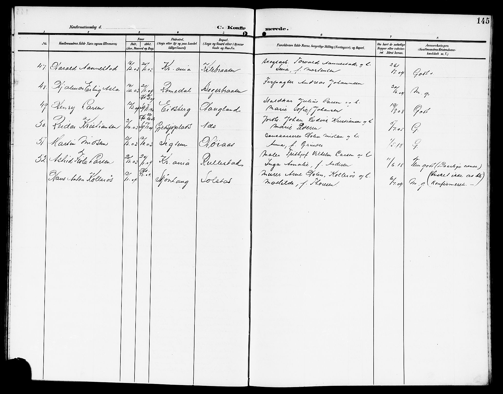 Kråkstad prestekontor Kirkebøker, AV/SAO-A-10125a/G/Gb/L0001: Parish register (copy) no. II 1, 1905-1920, p. 145