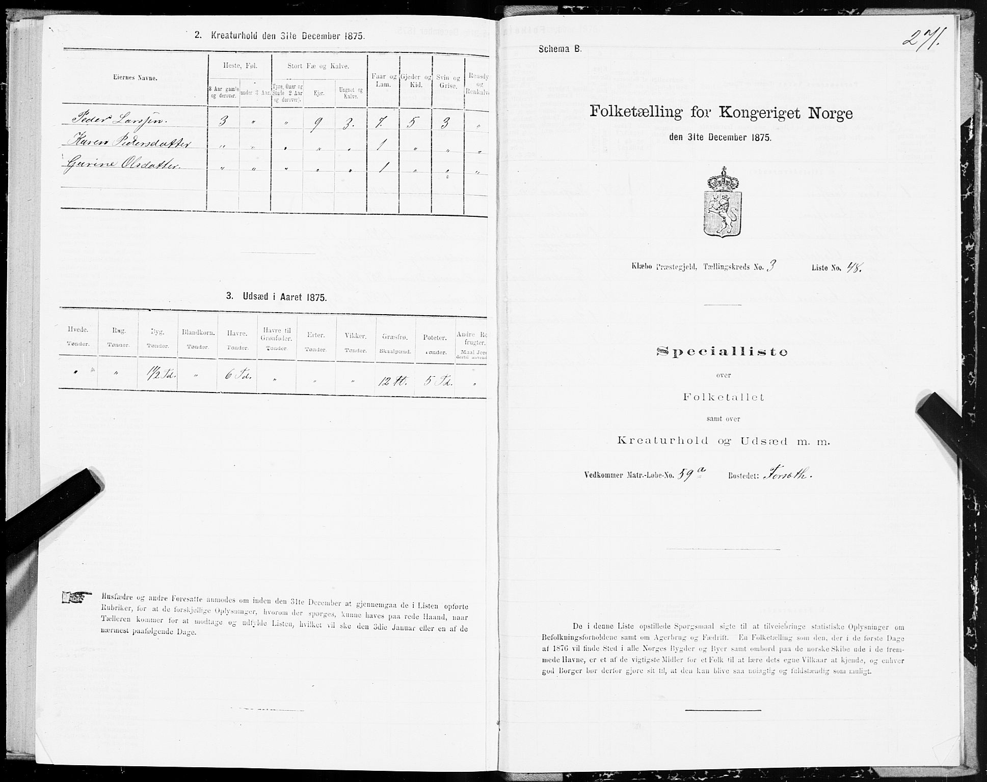 SAT, 1875 census for 1662P Klæbu, 1875, p. 1271