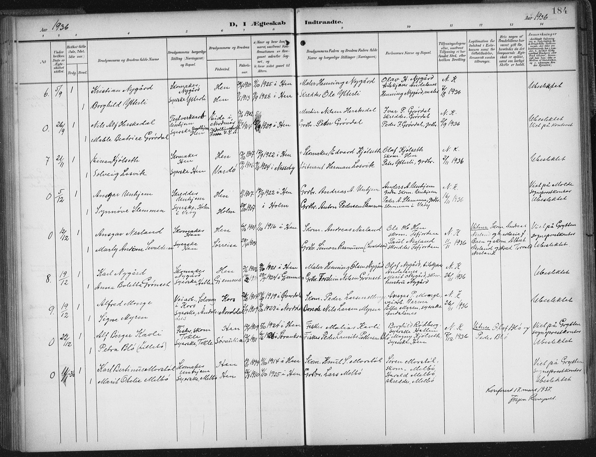 Ministerialprotokoller, klokkerbøker og fødselsregistre - Møre og Romsdal, AV/SAT-A-1454/545/L0589: Parish register (copy) no. 545C03, 1902-1937, p. 184