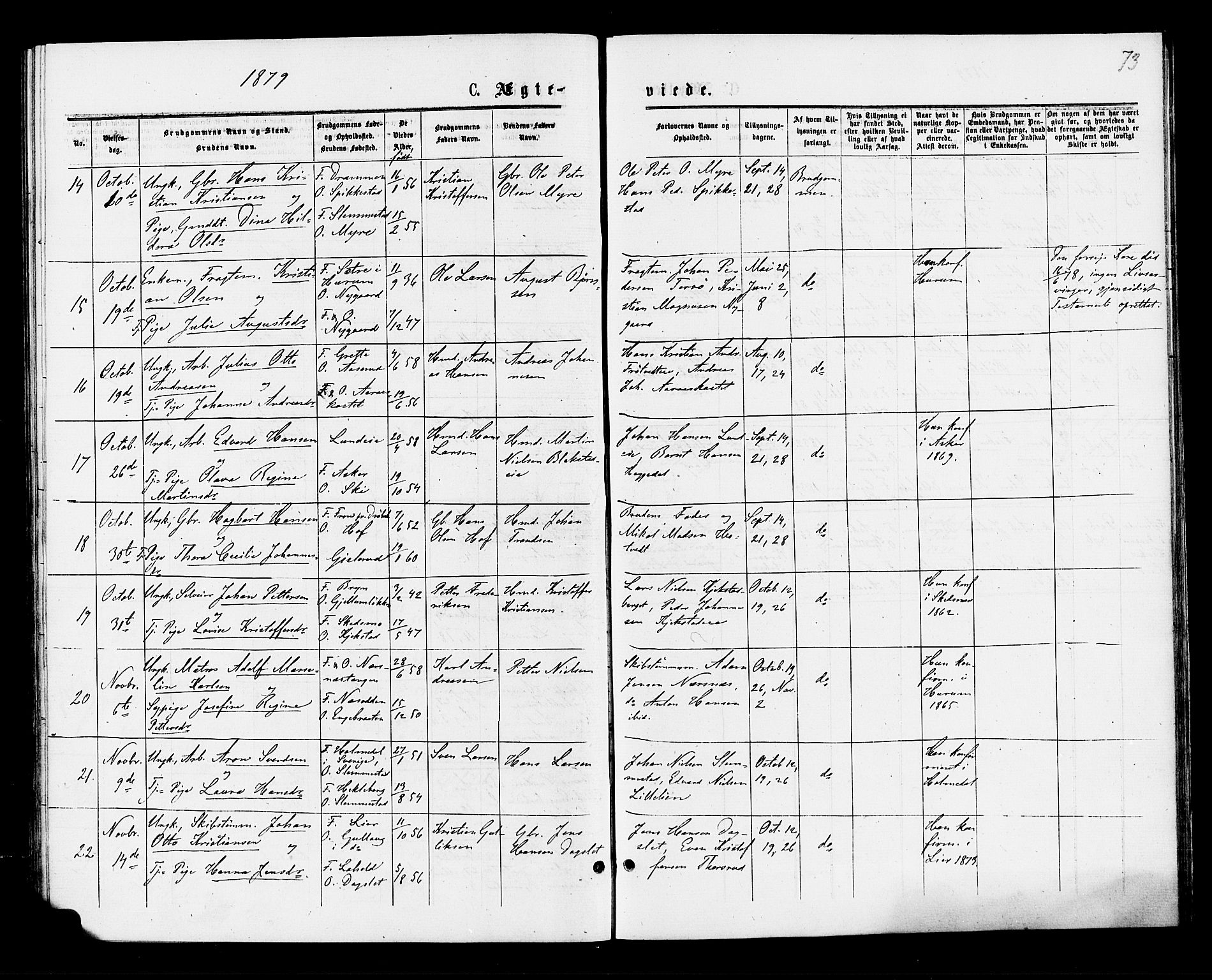 Røyken kirkebøker, AV/SAKO-A-241/F/Fa/L0007: Parish register (official) no. 7, 1876-1879, p. 73