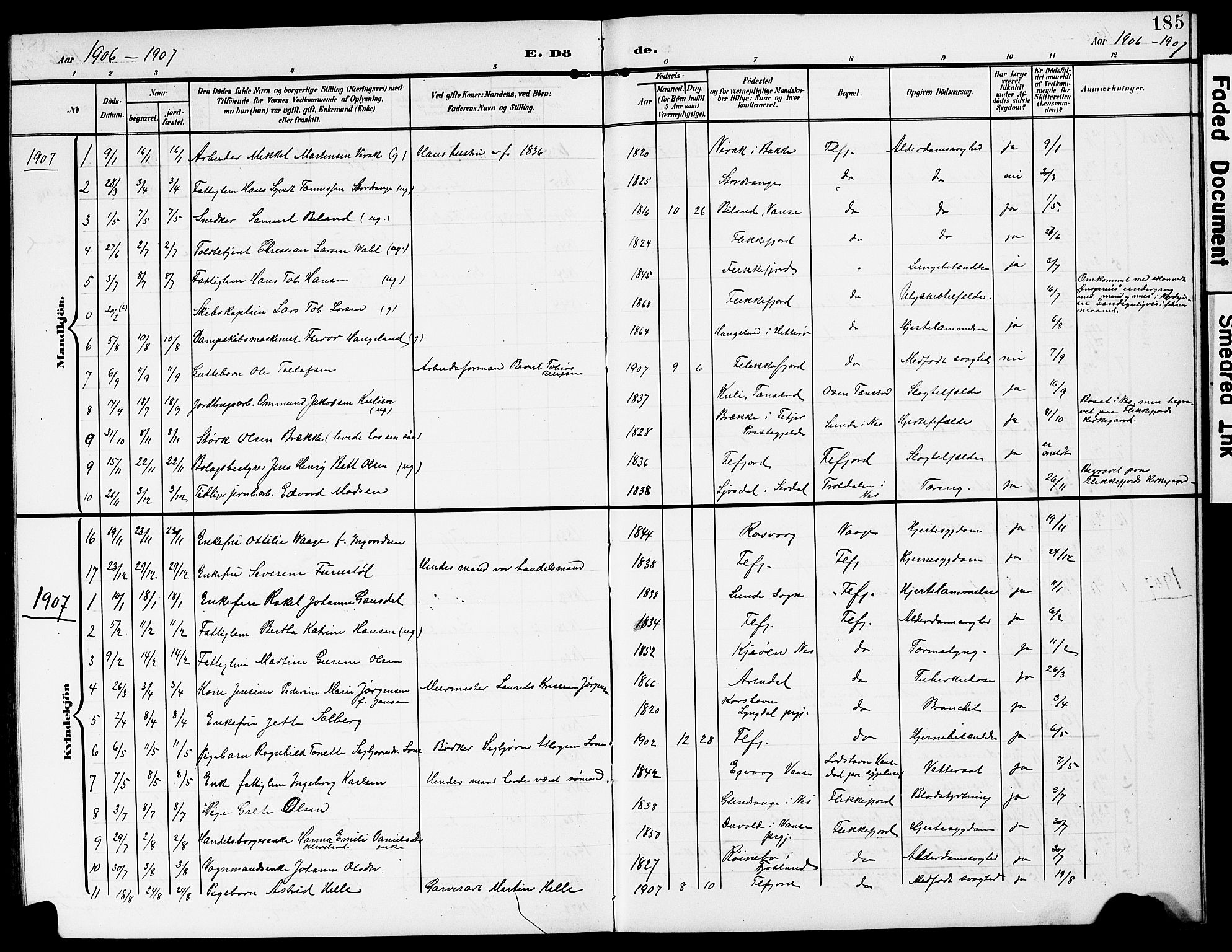 Flekkefjord sokneprestkontor, AV/SAK-1111-0012/F/Fb/Fba/L0001: Parish register (copy) no. B 1, 1903-1931, p. 185