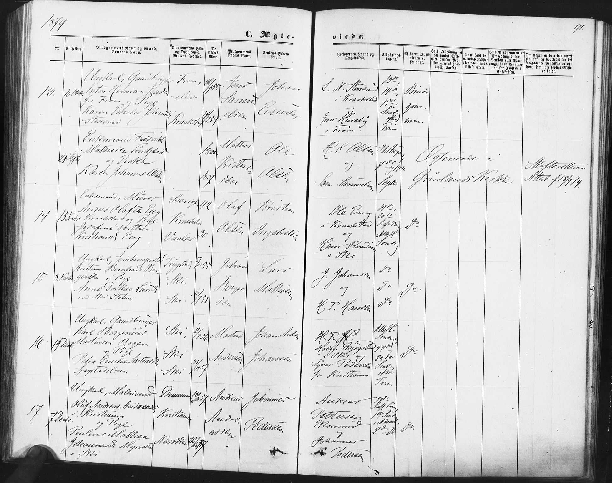 Kråkstad prestekontor Kirkebøker, SAO/A-10125a/F/Fa/L0008: Parish register (official) no. I 8, 1870-1879, p. 171