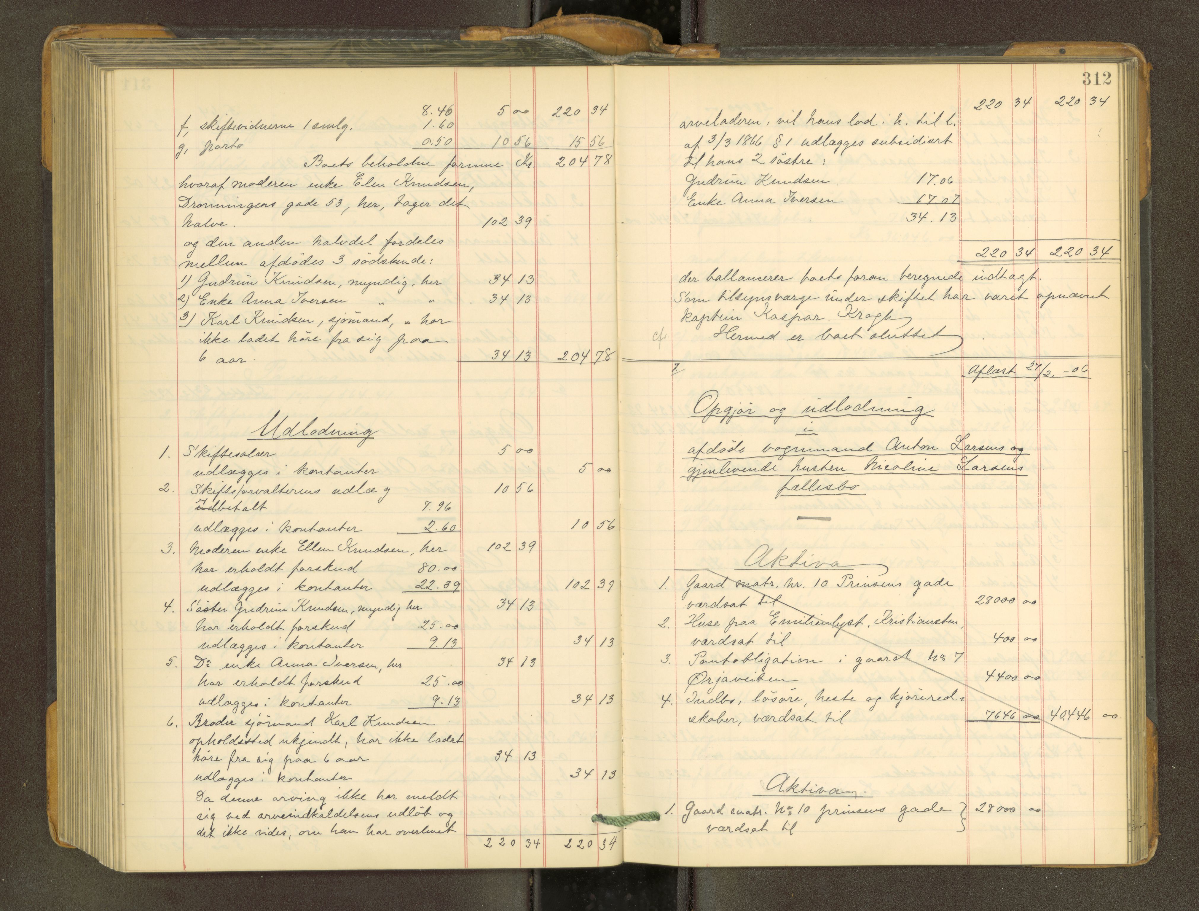 Trondheim byfogd, AV/SAT-A-0003/1/3/3A/L0038: Skifteutlodningsprotokoll - 4/8-23/1. U, 1903-1906, p. 312