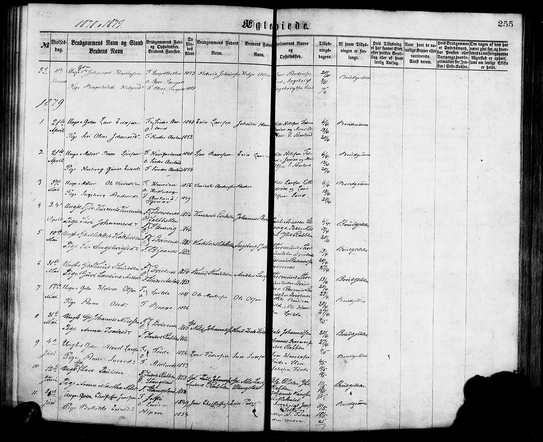 Sund sokneprestembete, SAB/A-99930: Parish register (official) no. A 15, 1867-1881, p. 255