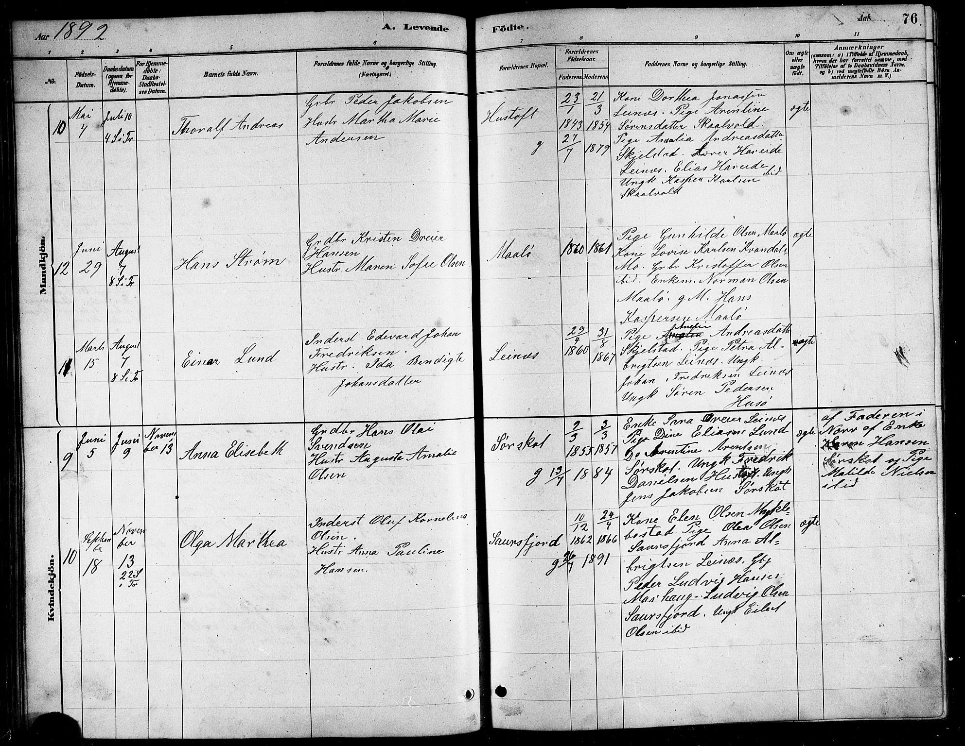 Ministerialprotokoller, klokkerbøker og fødselsregistre - Nordland, AV/SAT-A-1459/857/L0828: Parish register (copy) no. 857C03, 1879-1908, p. 76