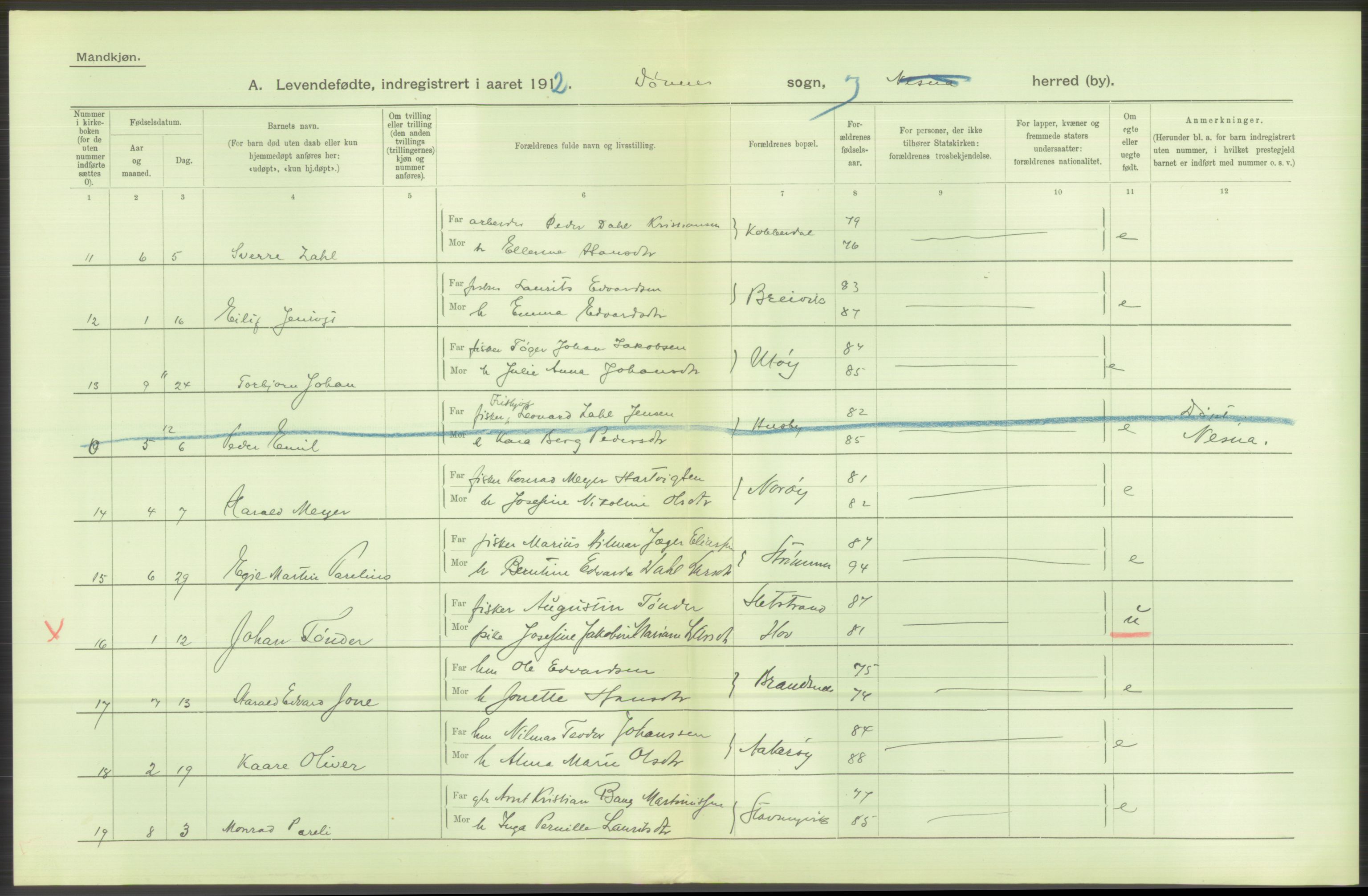 Statistisk sentralbyrå, Sosiodemografiske emner, Befolkning, AV/RA-S-2228/D/Df/Dfb/Dfbb/L0046: Nordlands amt: Levendefødte menn og kvinner. Bygder., 1912, p. 38