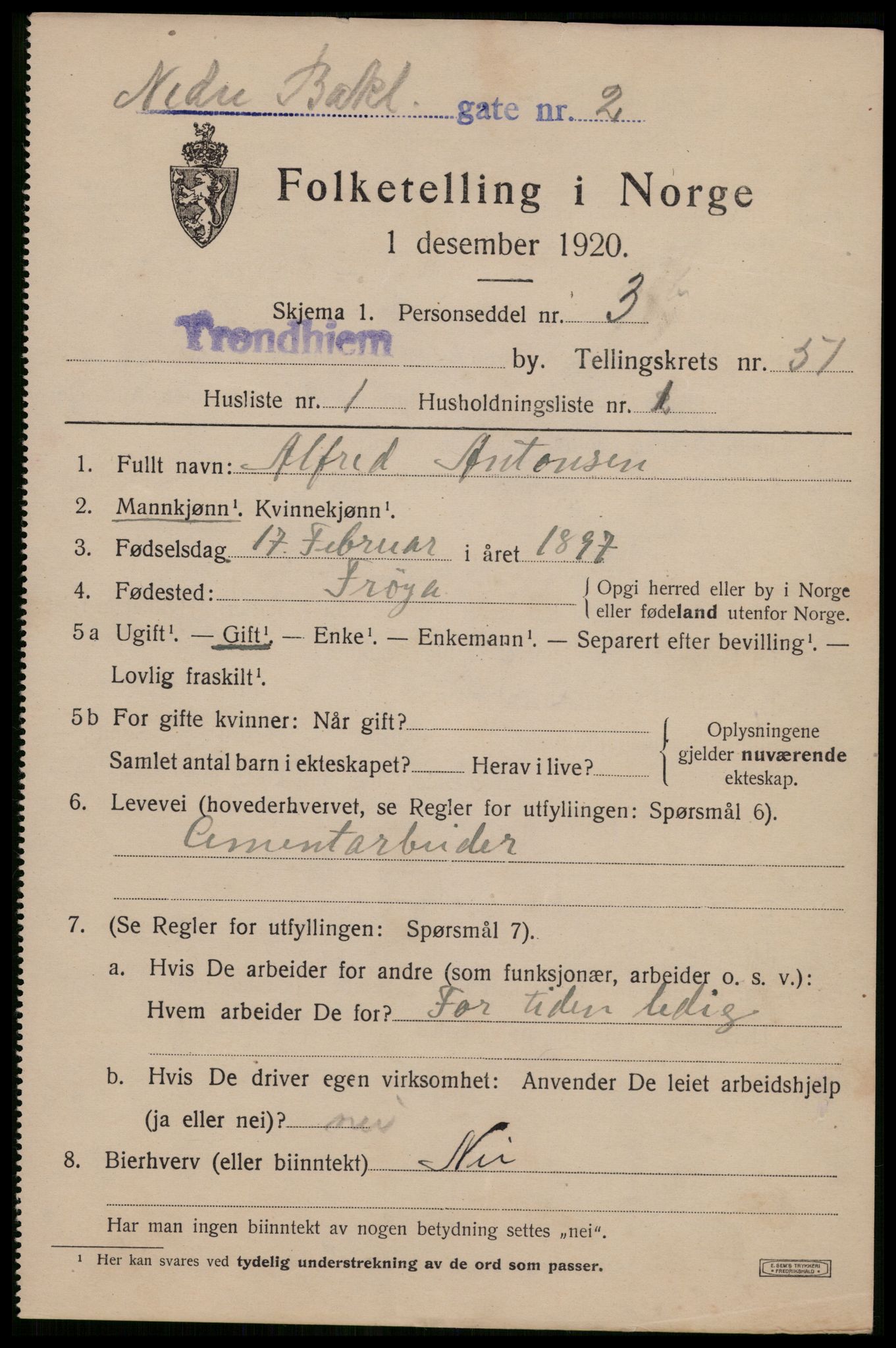 SAT, 1920 census for Trondheim, 1920, p. 105084