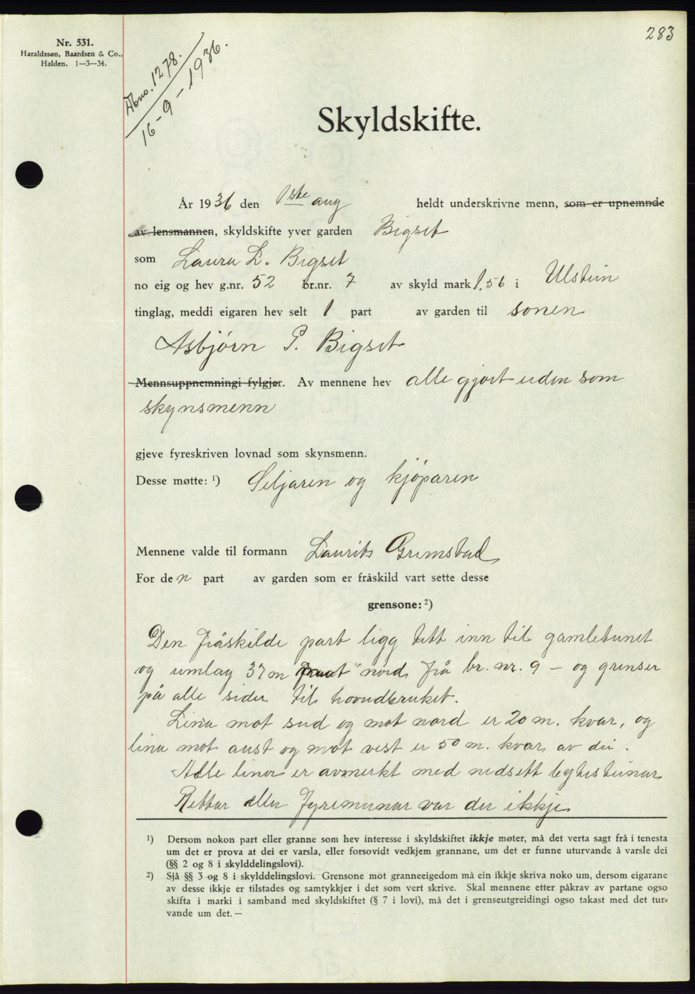 Søre Sunnmøre sorenskriveri, AV/SAT-A-4122/1/2/2C/L0061: Mortgage book no. 55, 1936-1936, Diary no: : 1278/1936