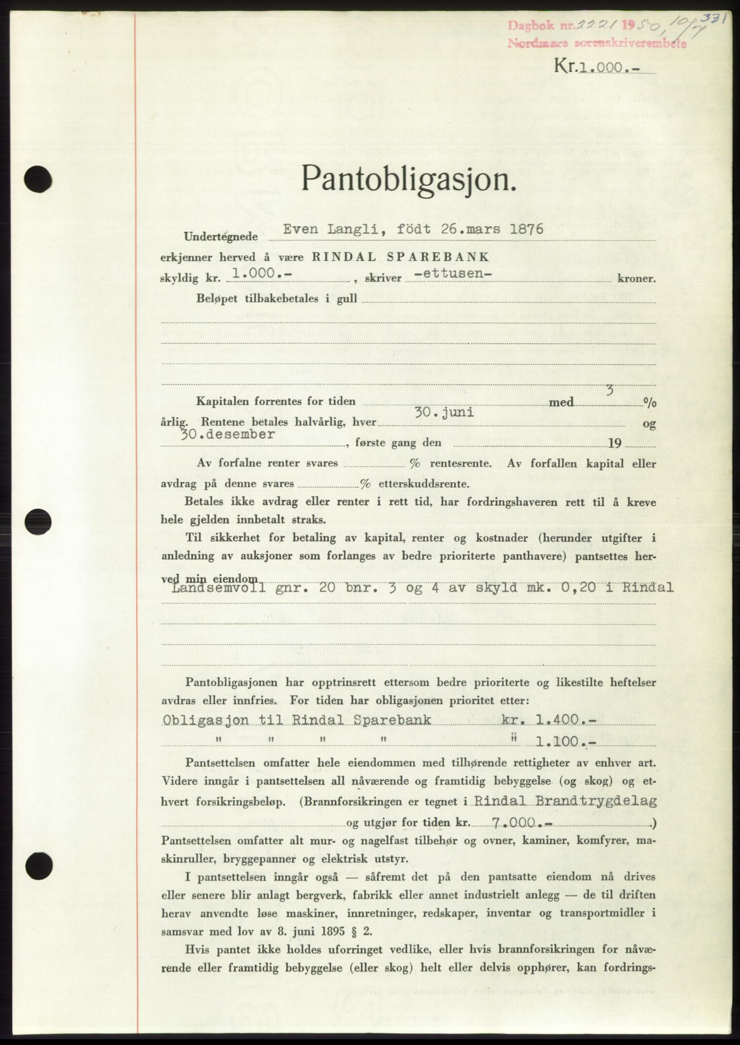 Nordmøre sorenskriveri, AV/SAT-A-4132/1/2/2Ca: Mortgage book no. B105, 1950-1950, Diary no: : 2221/1950