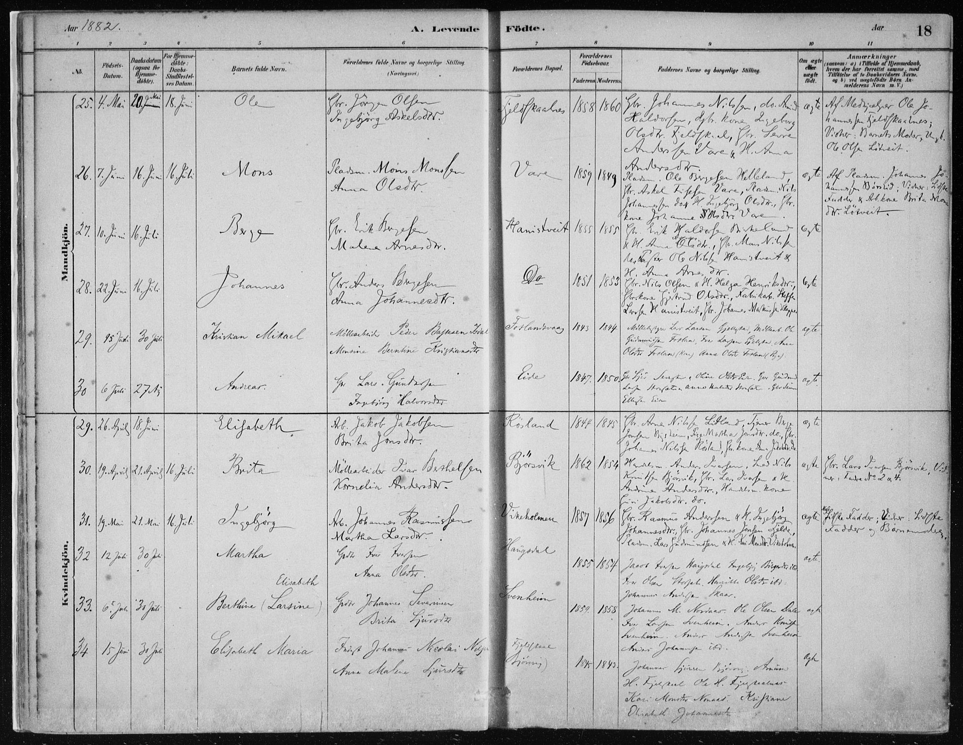 Hosanger sokneprestembete, AV/SAB-A-75801/H/Haa: Parish register (official) no. B  1, 1880-1896, p. 18